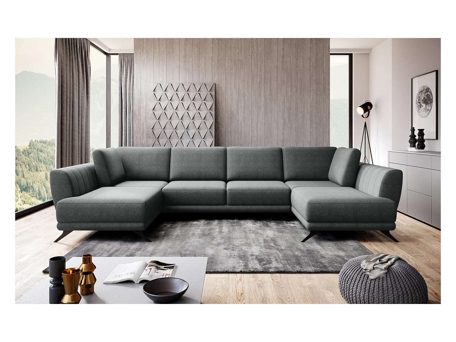 Canapé panoramique LARGOS – Tissu-Gris foncé chiné