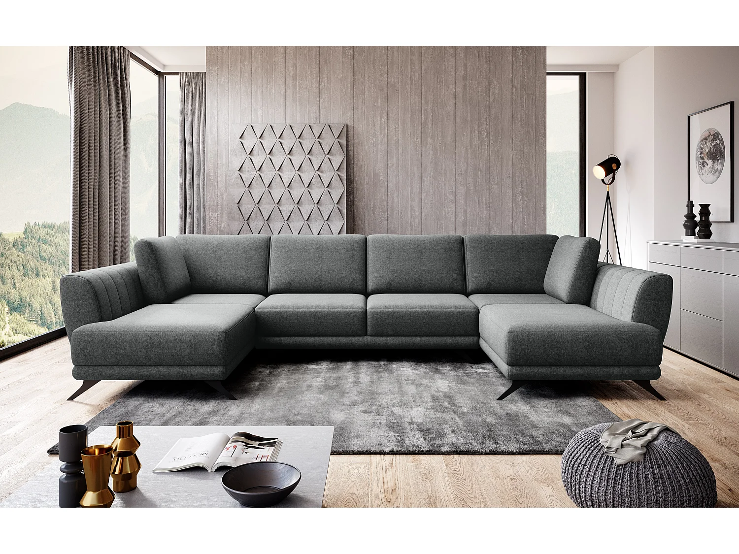 Canapé panoramique LARGOS – Tissu-Gris foncé chiné