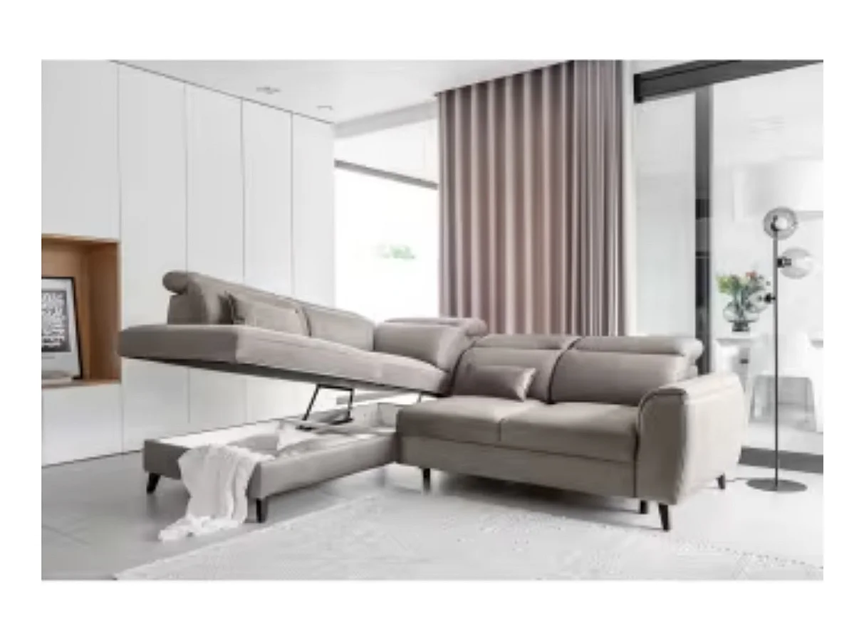 Canapé d'angle convertible avec rangement velours NOBLESSE - Pieds bois noir-Gris taupe-angle gauche