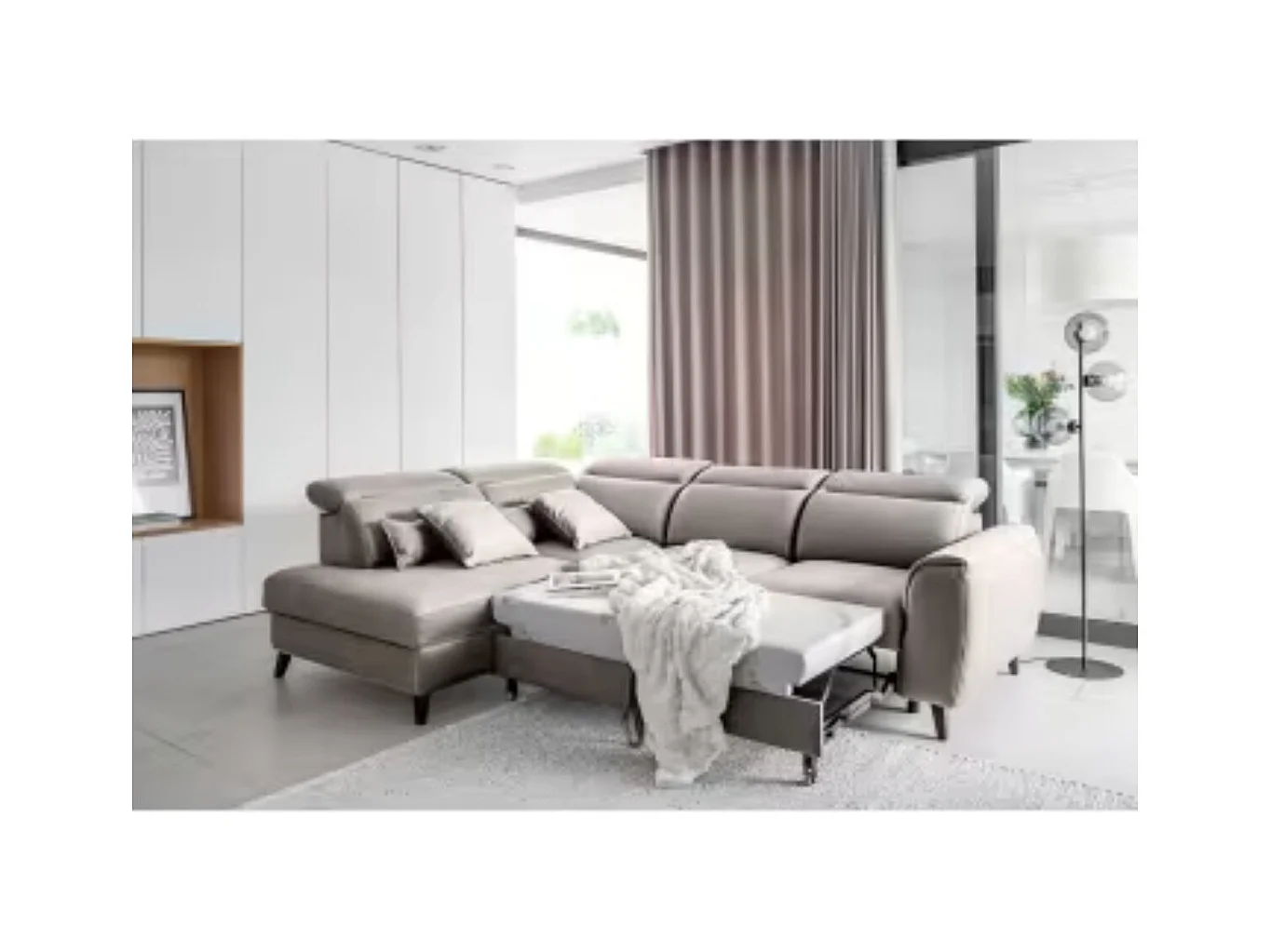 Canapé d'angle convertible avec rangement velours NOBLESSE - Pieds bois noir-Gris taupe-angle gauche