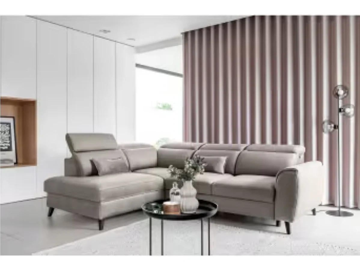 Canapé d'angle convertible avec rangement velours NOBLESSE - Pieds bois noir-Gris taupe-angle gauche