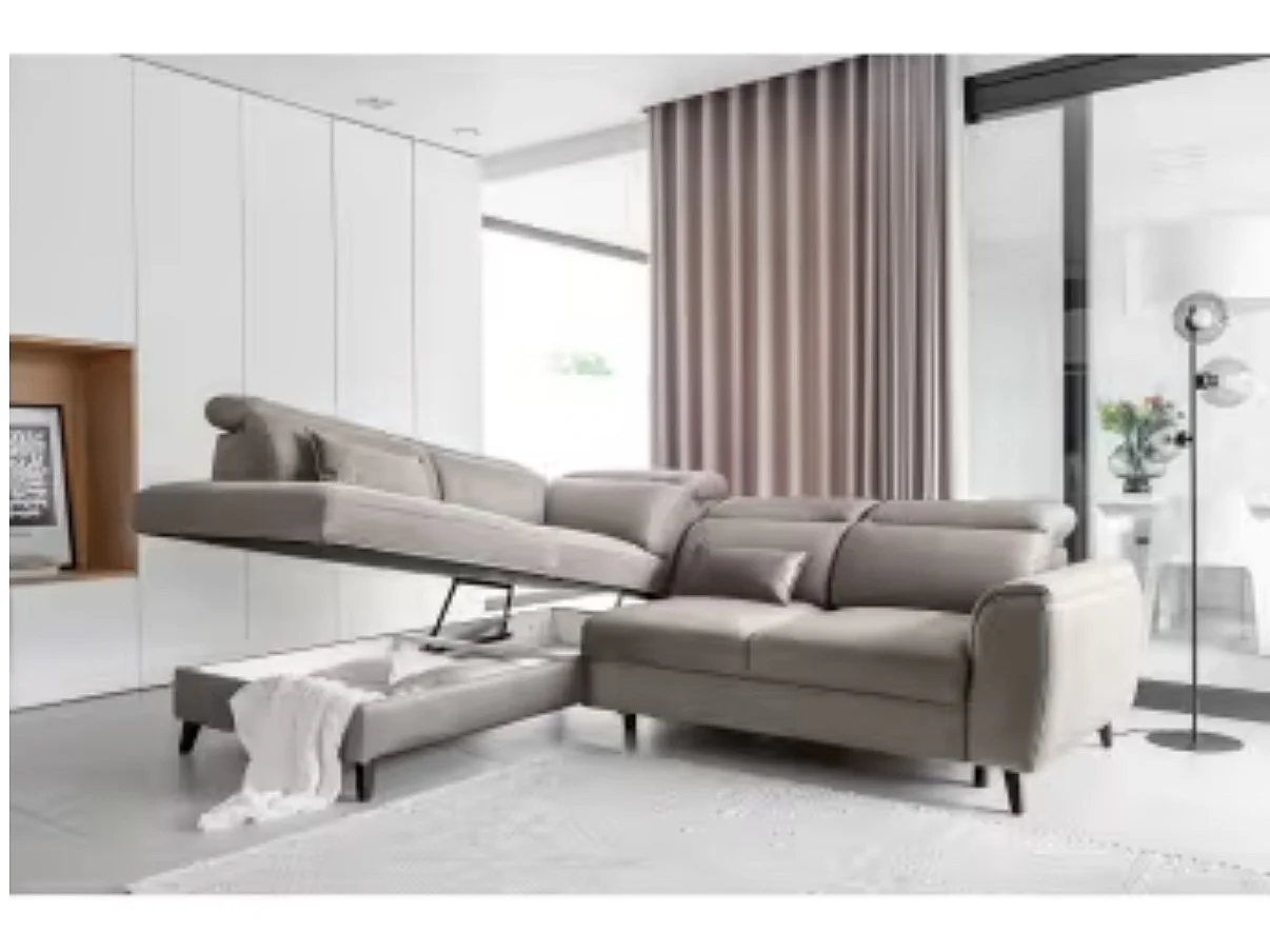 Canapé d'angle convertible avec rangement velours NOBLESSE - Pieds bois noir-Gris taupe-angle gauche