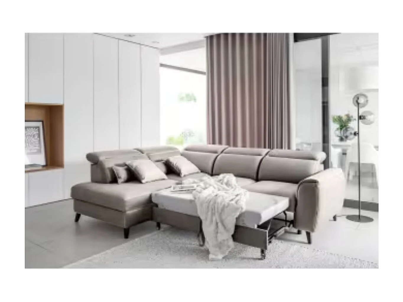 Canapé d'angle convertible avec rangement velours NOBLESSE - Pieds bois noir-Gris taupe-angle gauche