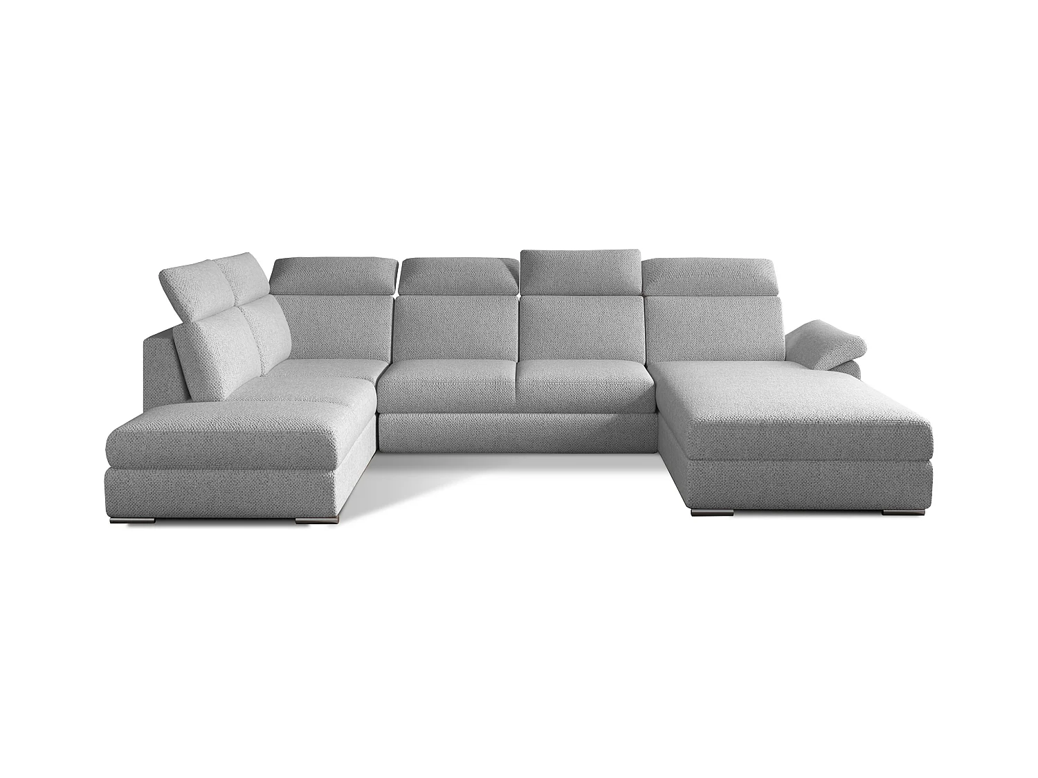 Canapé panoramique convertible LEVANO tissu - Rangement et appuie-têtes réglables-Gris clair-Coffre à droite