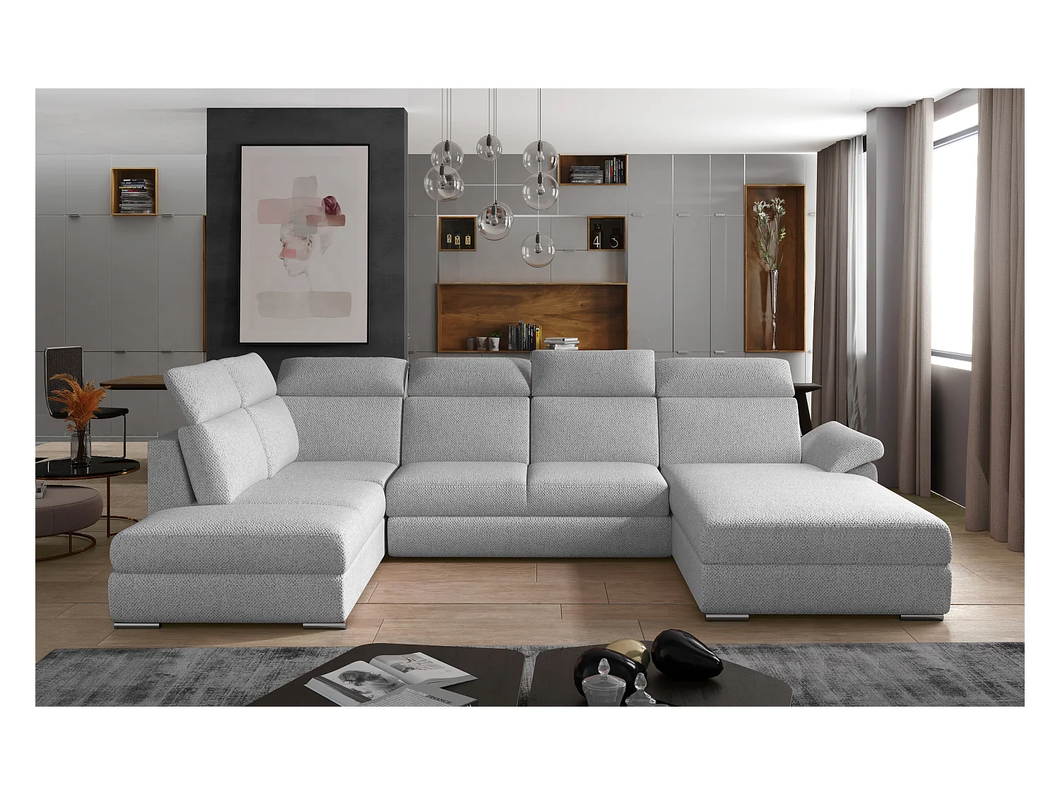 Canapé panoramique convertible LEVANO tissu - Rangement et appuie-têtes réglables-Gris clair-Coffre à droite