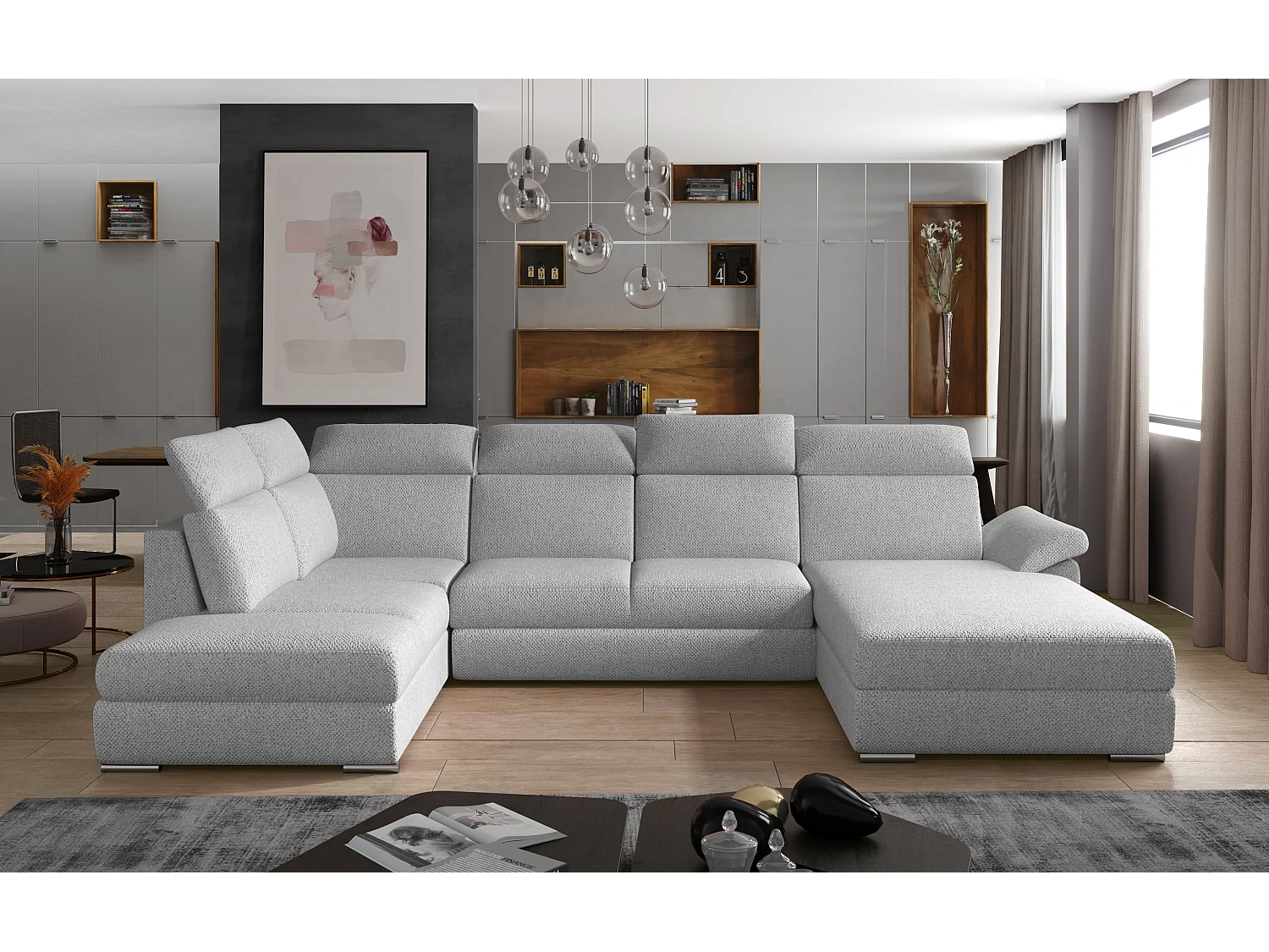 Canapé panoramique convertible LEVANO tissu - Rangement et appuie-têtes réglables-Gris clair-Coffre à droite