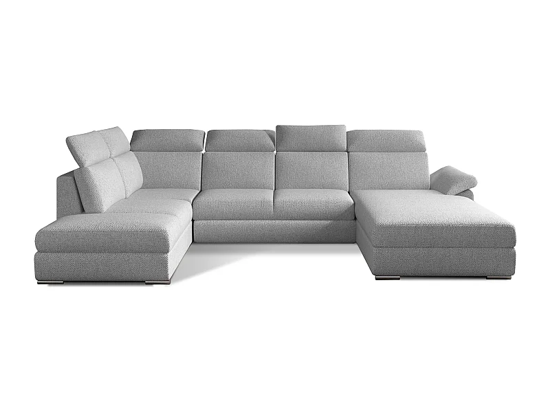 Canapé panoramique convertible LEVANO tissu - Rangement et appuie-têtes réglables-Gris clair-Coffre à droite