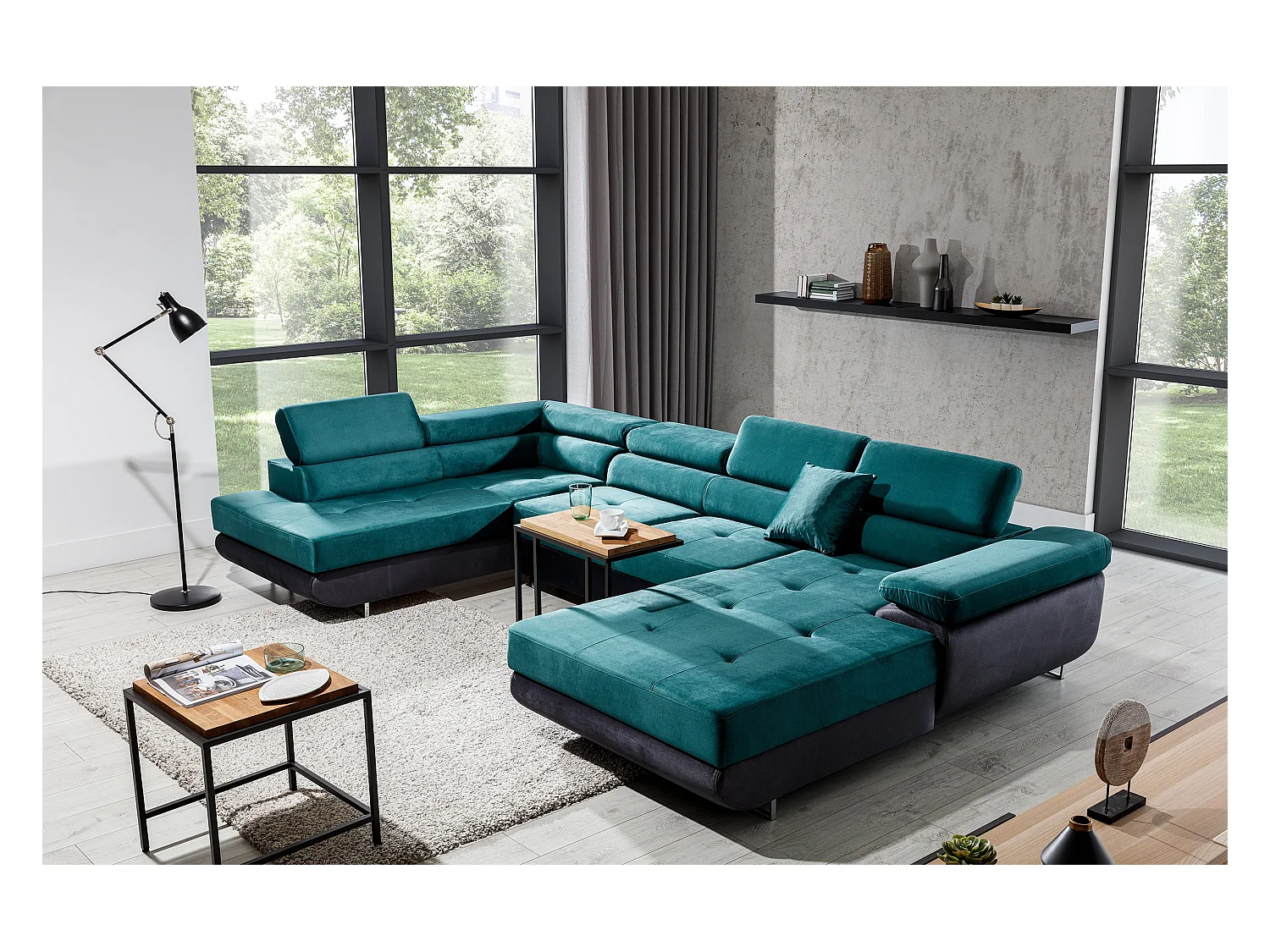 Canapé panoramique convertible ROMANO - Rangement et appuie-têtes réglables-Gris clair/Bleu-Coffre à gauche