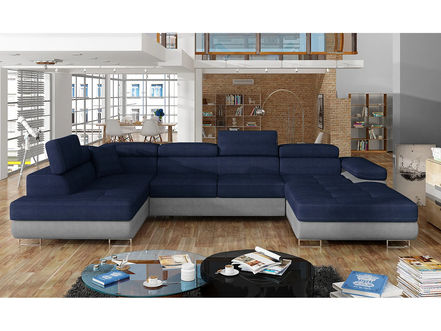 Canapé panoramique convertible ROMANO - Rangement et appuie-têtes réglables-Gris clair/Bleu-Coffre à gauche