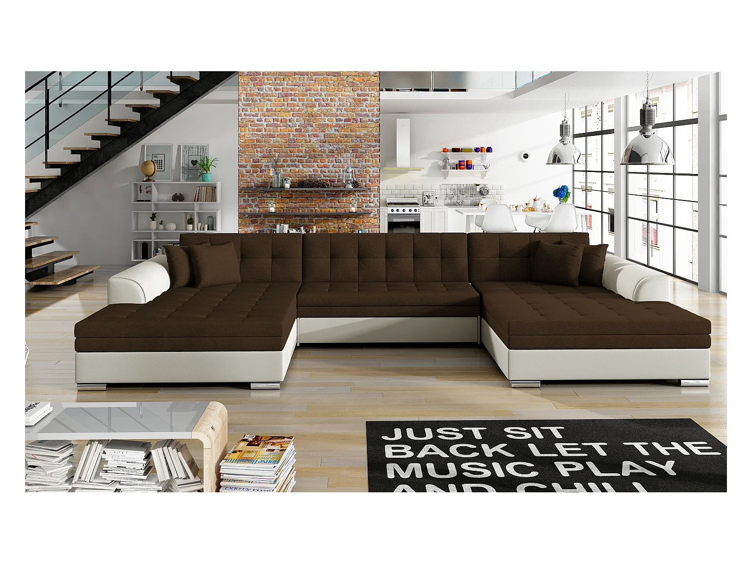 Canapé panoramique convertible VIRA en bi-matiére-Beige/Marron