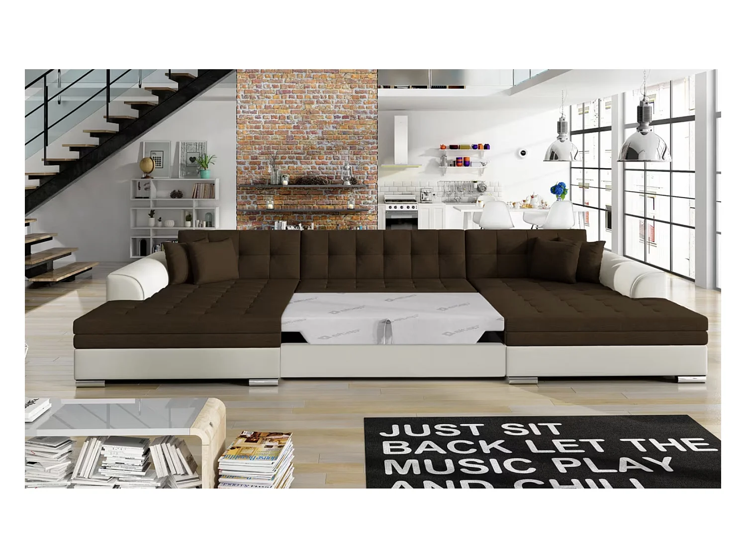 Canapé panoramique convertible VIRA en bi-matiére-Beige/Marron