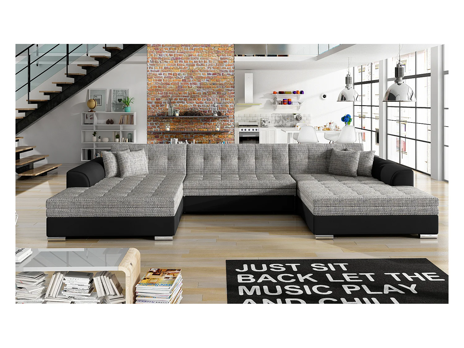 Canapé panoramique convertible VIRA en bi-matiére-Beige/Marron