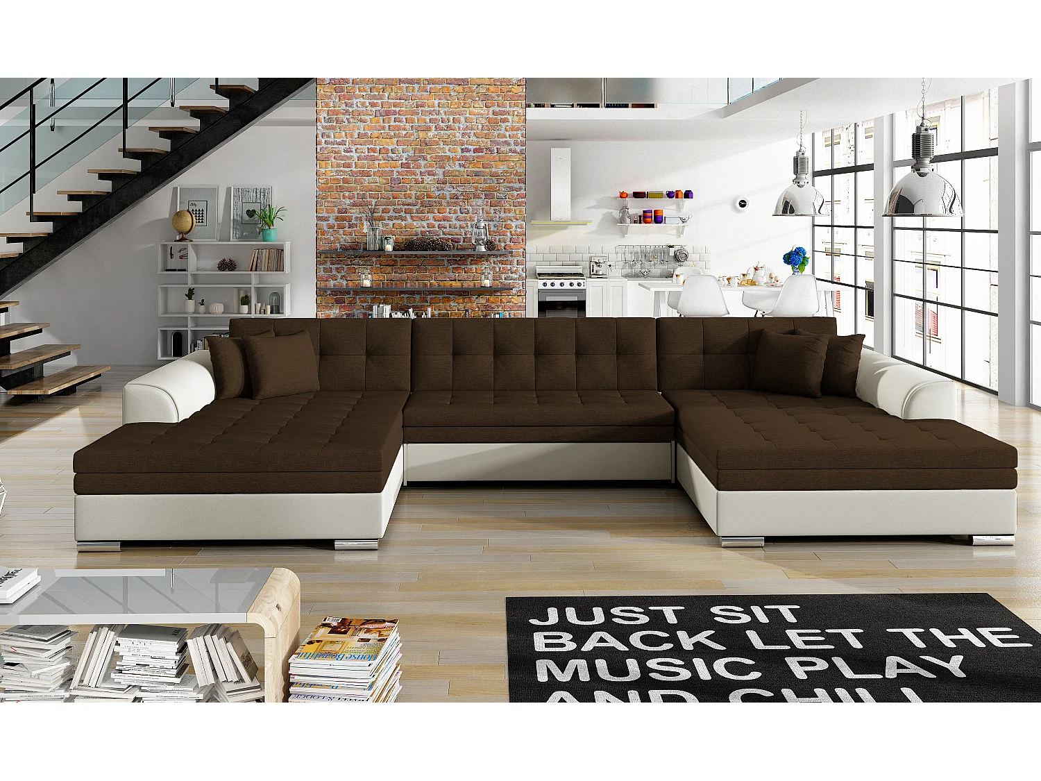 Canapé panoramique convertible VIRA en bi-matiére-Beige/Marron