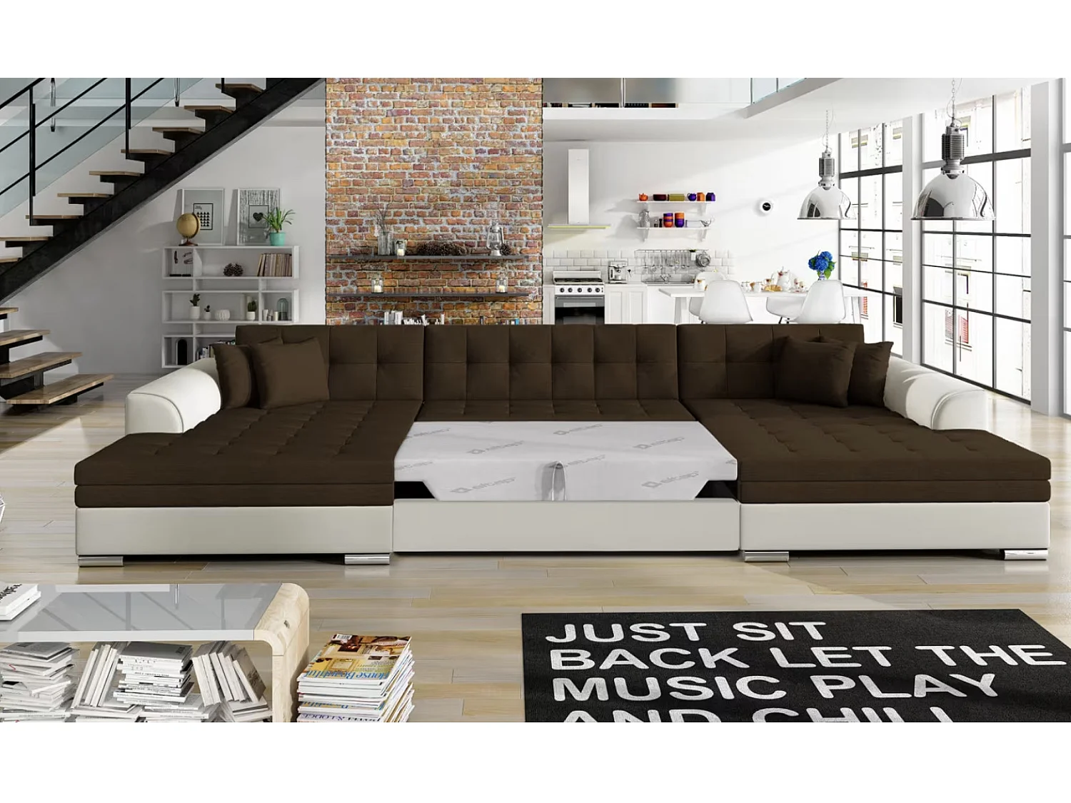 Canapé panoramique convertible VIRA en bi-matiére-Beige/Marron