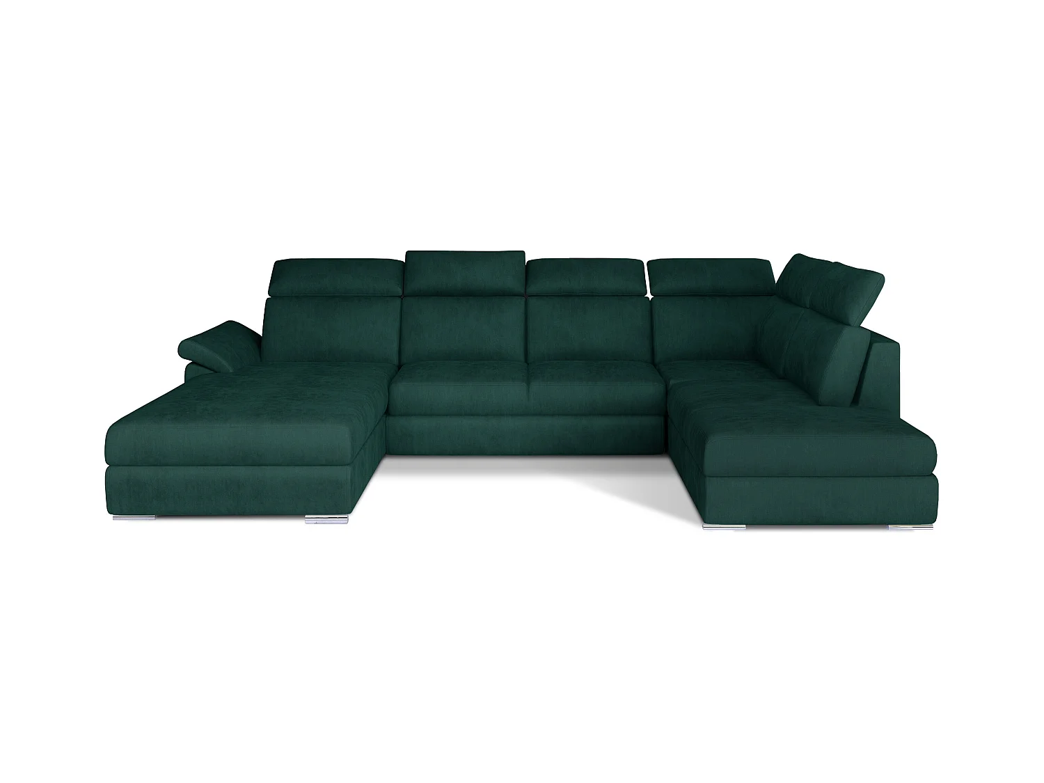 Canapé panoramique convertible LEVANO velours - Rangement et appuie-têtes réglables-Vert foncé-Coffre à droite