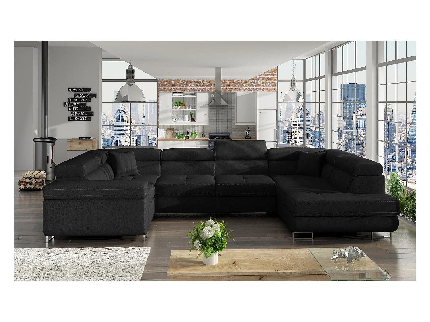 Canapé convertible panoramique TOVY velours - Rangement et têtières réglables-Noir-Coffre à droite