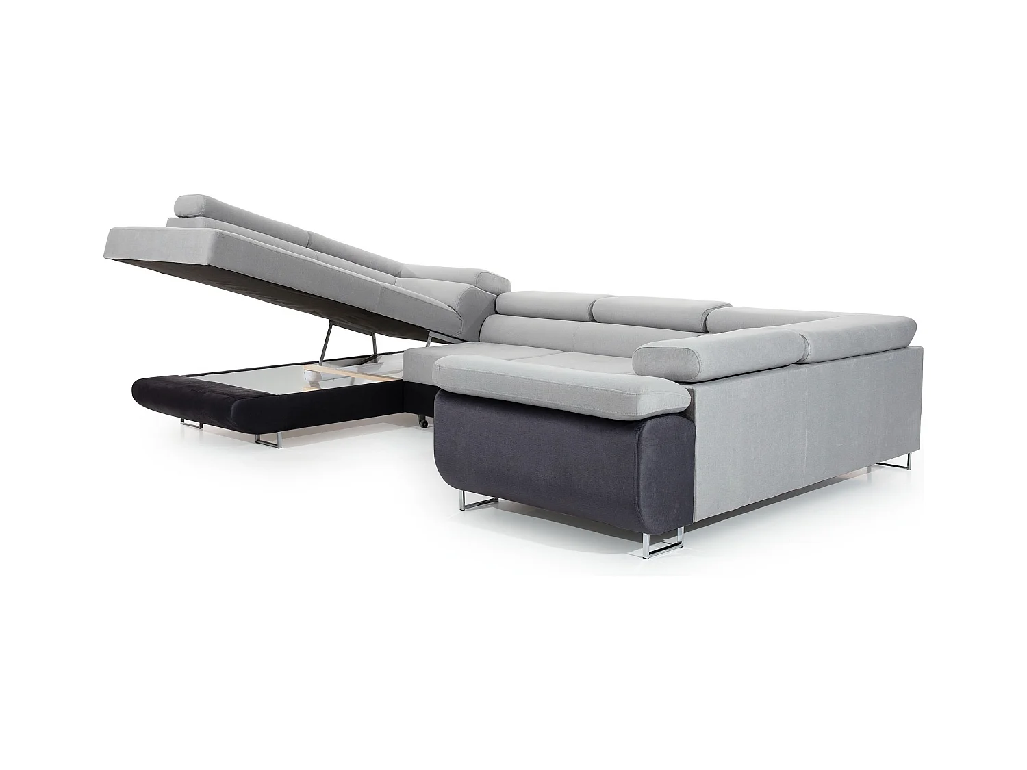 Canapé convertible panoramique TOVY velours - Rangement et têtières réglables-Noir-Coffre à droite