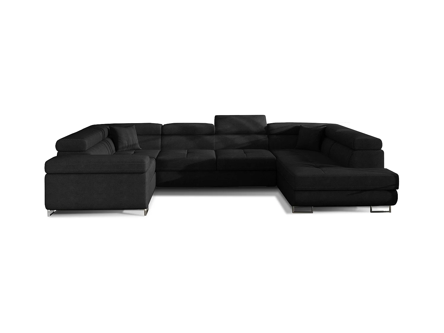 Canapé convertible panoramique TOVY velours - Rangement et têtières réglables-Noir-Coffre à droite