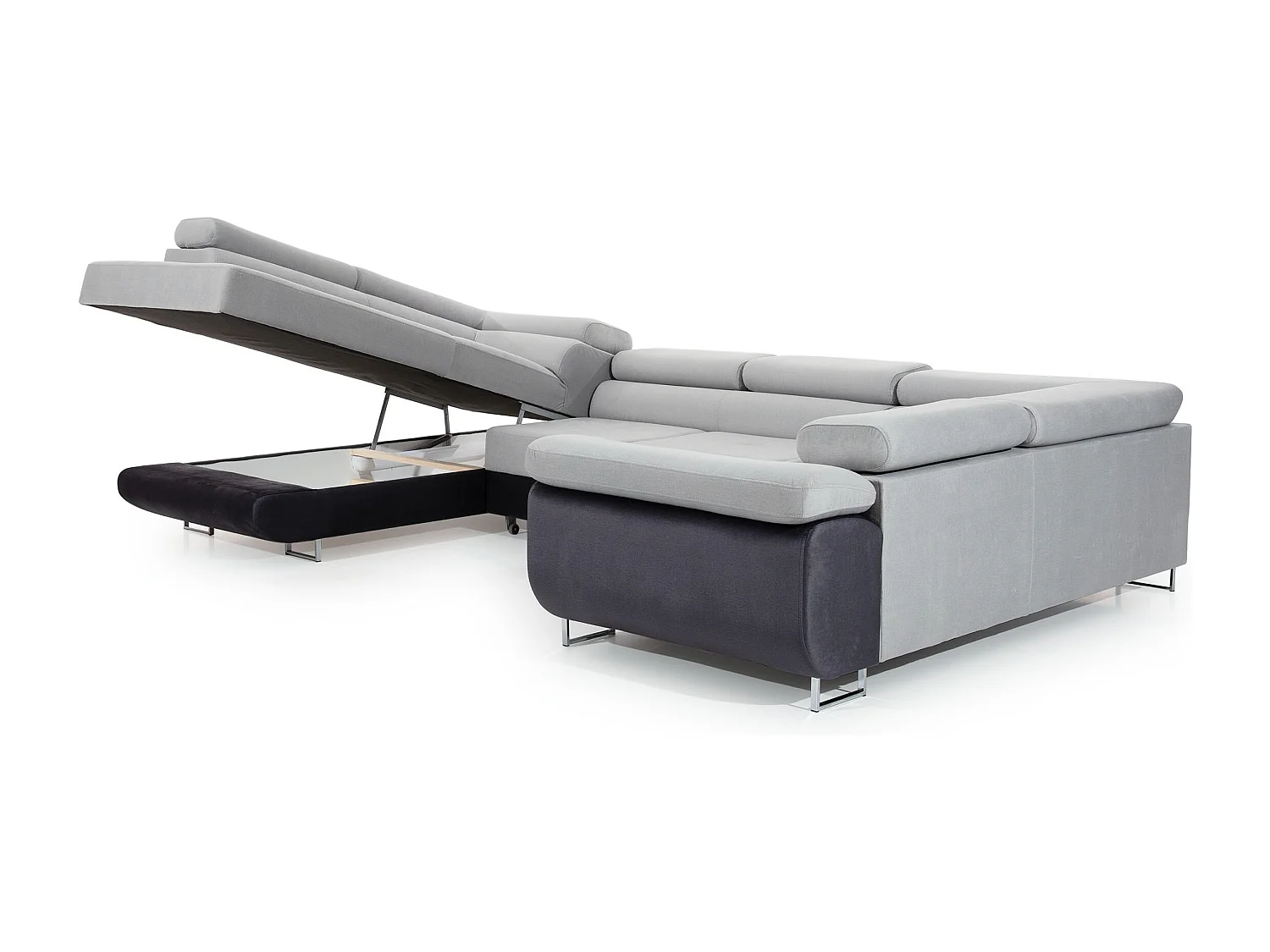 Canapé convertible panoramique TOVY velours - Rangement et têtières réglables-Noir-Coffre à droite