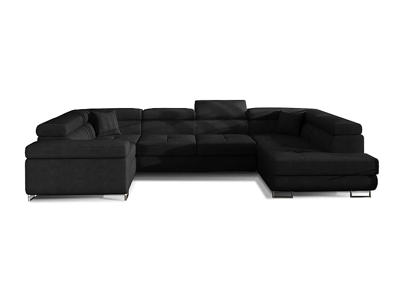 Canapé convertible panoramique TOVY velours - Rangement et têtières réglables-Noir-Coffre à droite