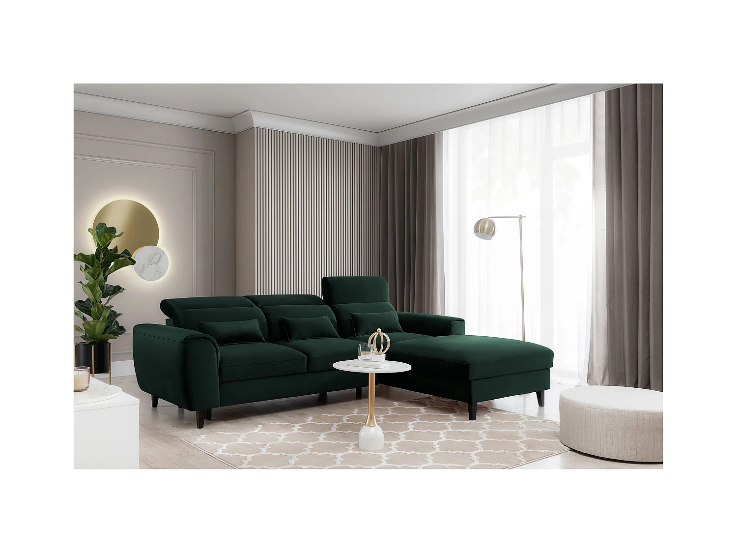 Canapé d'angle convertible velours appuis-tête réglables ASTORIA - Coffre et pieds bois noir-Vert foncé-angle droit