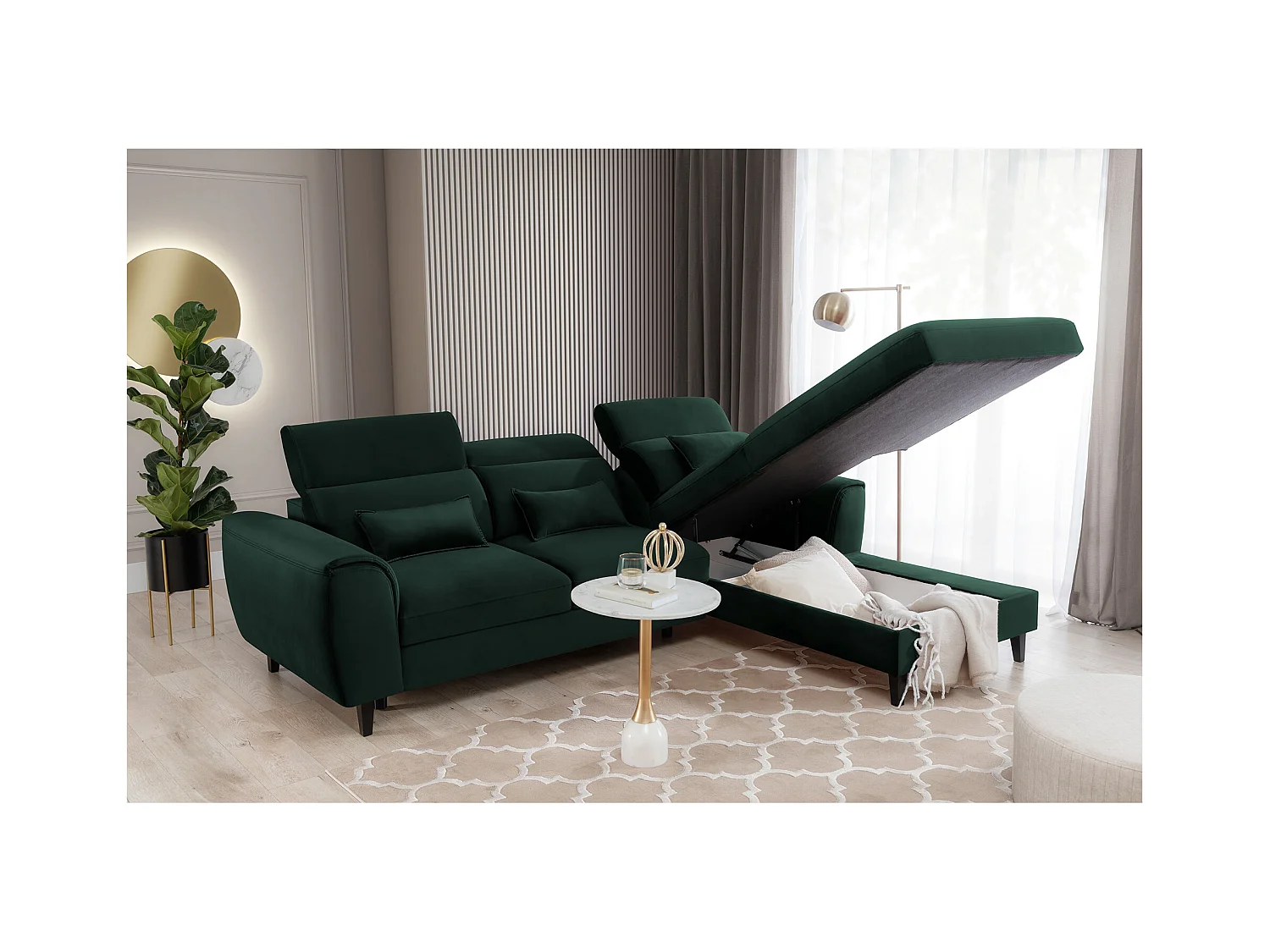 Canapé d'angle convertible velours appuis-tête réglables ASTORIA - Coffre et pieds bois noir-Vert foncé-angle droit