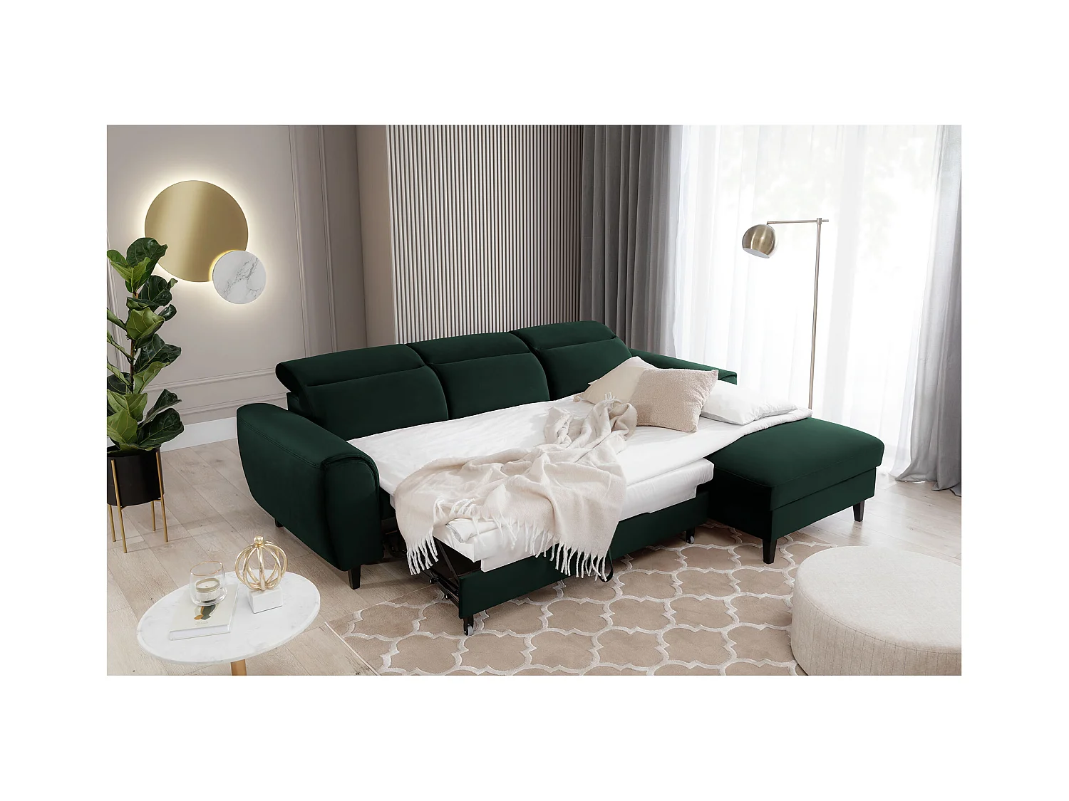 Canapé d'angle convertible velours appuis-tête réglables ASTORIA - Coffre et pieds bois noir-Vert foncé-angle droit