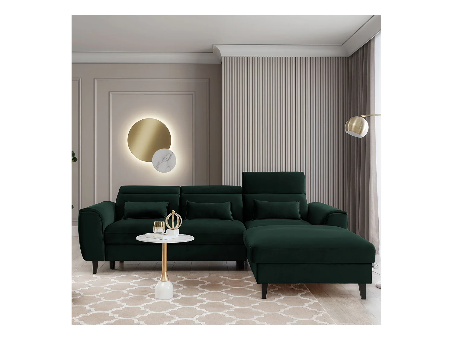 Canapé d'angle convertible velours appuis-tête réglables ASTORIA - Coffre et pieds bois noir-Vert foncé-angle droit