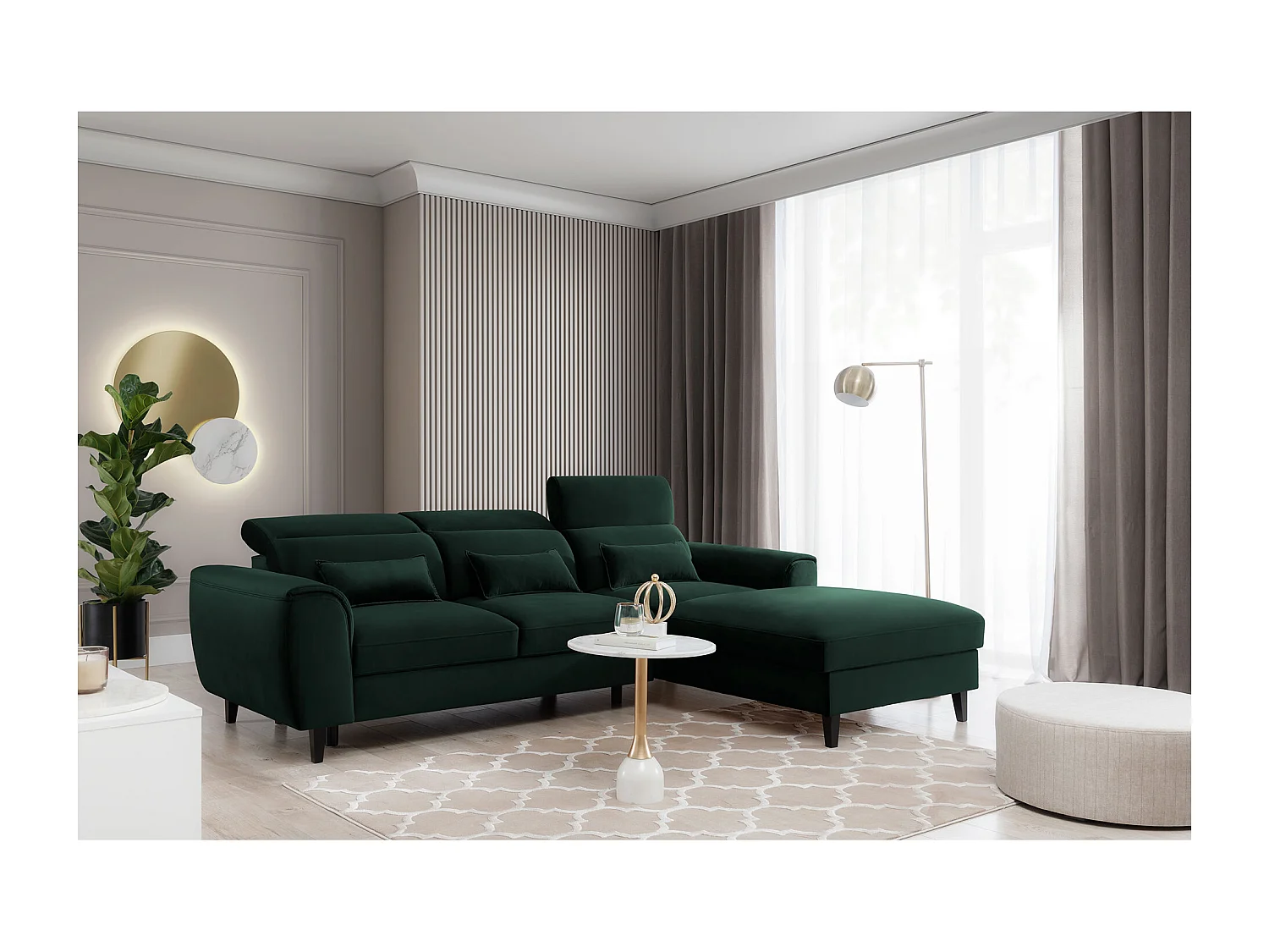 Canapé d'angle convertible velours appuis-tête réglables ASTORIA - Coffre et pieds bois noir-Vert foncé-angle droit