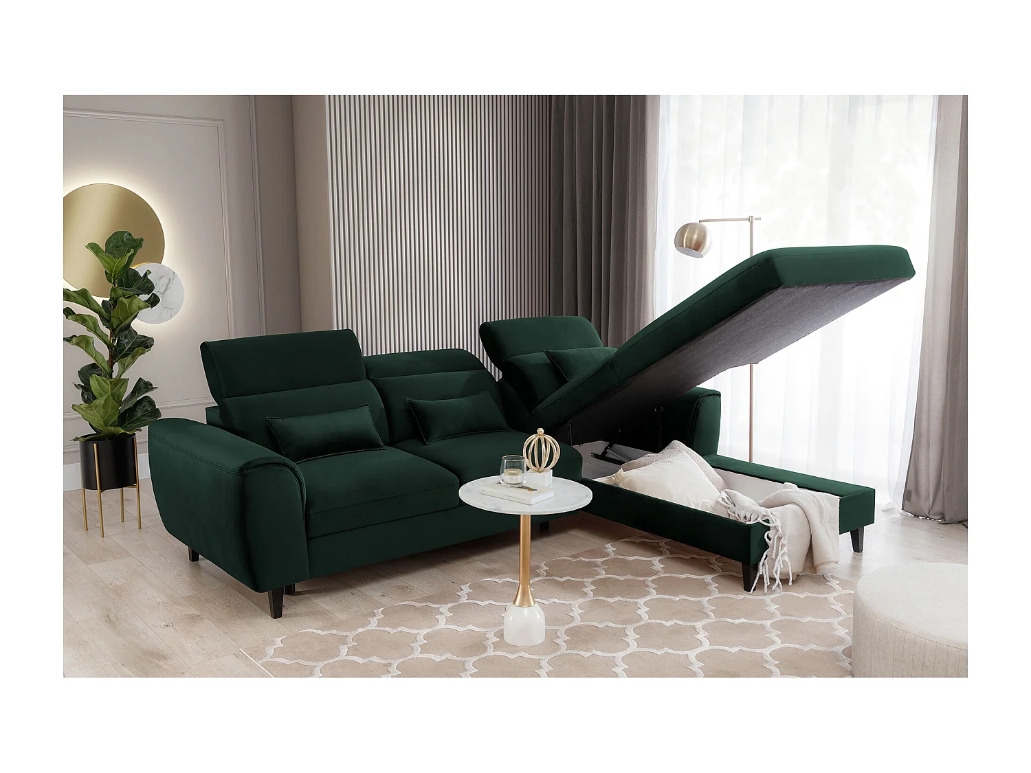 Canapé d'angle convertible velours appuis-tête réglables ASTORIA - Coffre et pieds bois noir-Vert foncé-angle droit