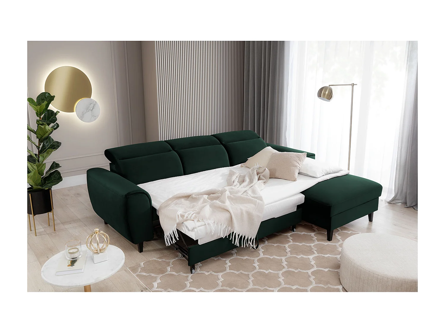 Canapé d'angle convertible velours appuis-tête réglables ASTORIA - Coffre et pieds bois noir-Vert foncé-angle droit