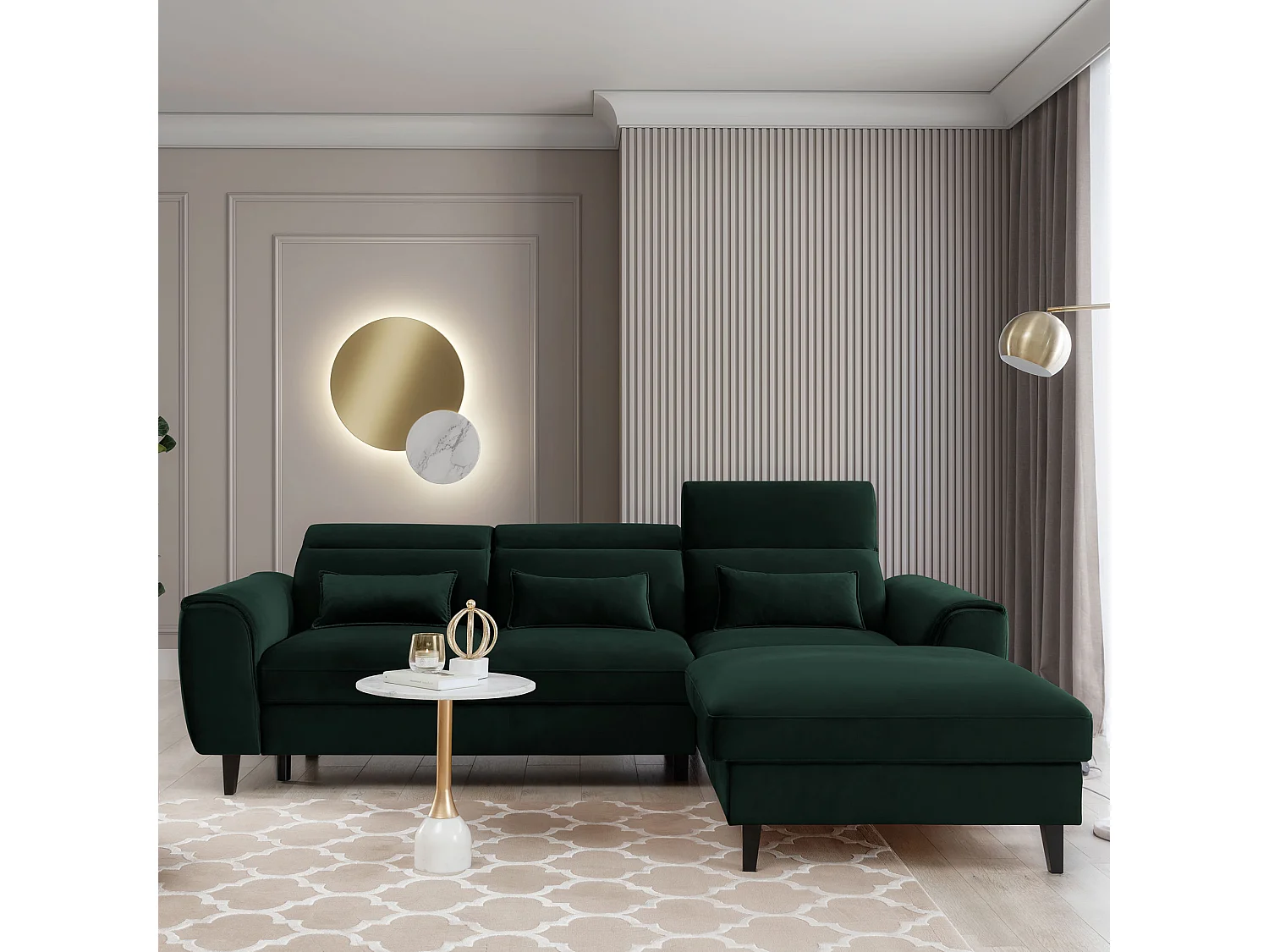 Canapé d'angle convertible velours appuis-tête réglables ASTORIA - Coffre et pieds bois noir-Vert foncé-angle droit