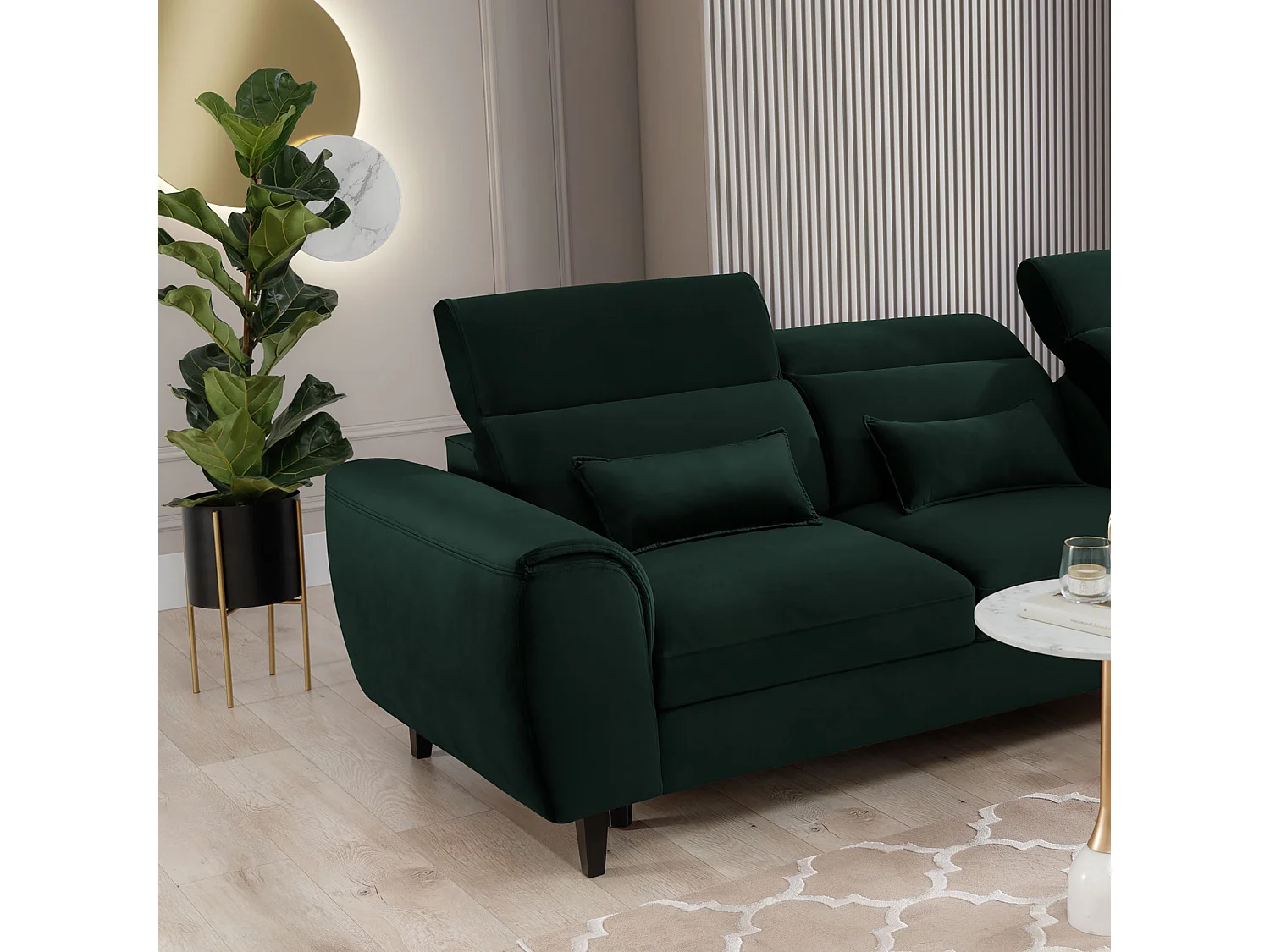 Canapé d'angle convertible velours appuis-tête réglables ASTORIA - Coffre et pieds bois noir-Vert foncé-angle droit