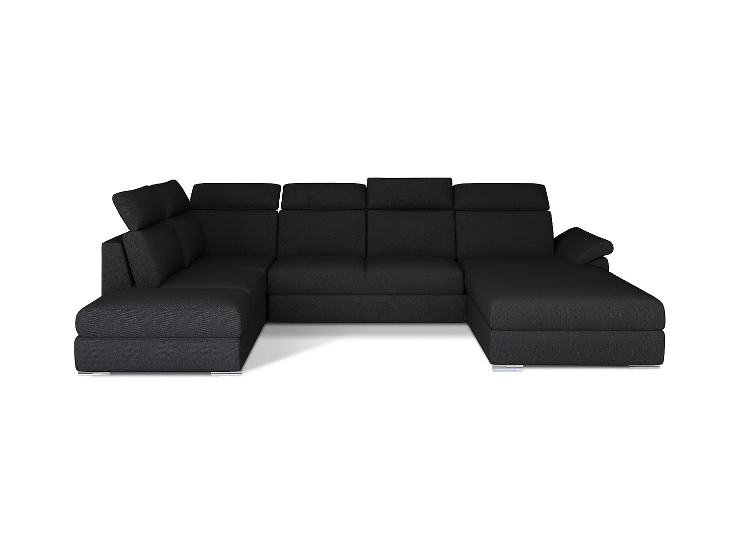 Canapé panoramique convertible LEVANO tissu - Rangement et appuie-têtes réglables-Noir-Coffre à droite