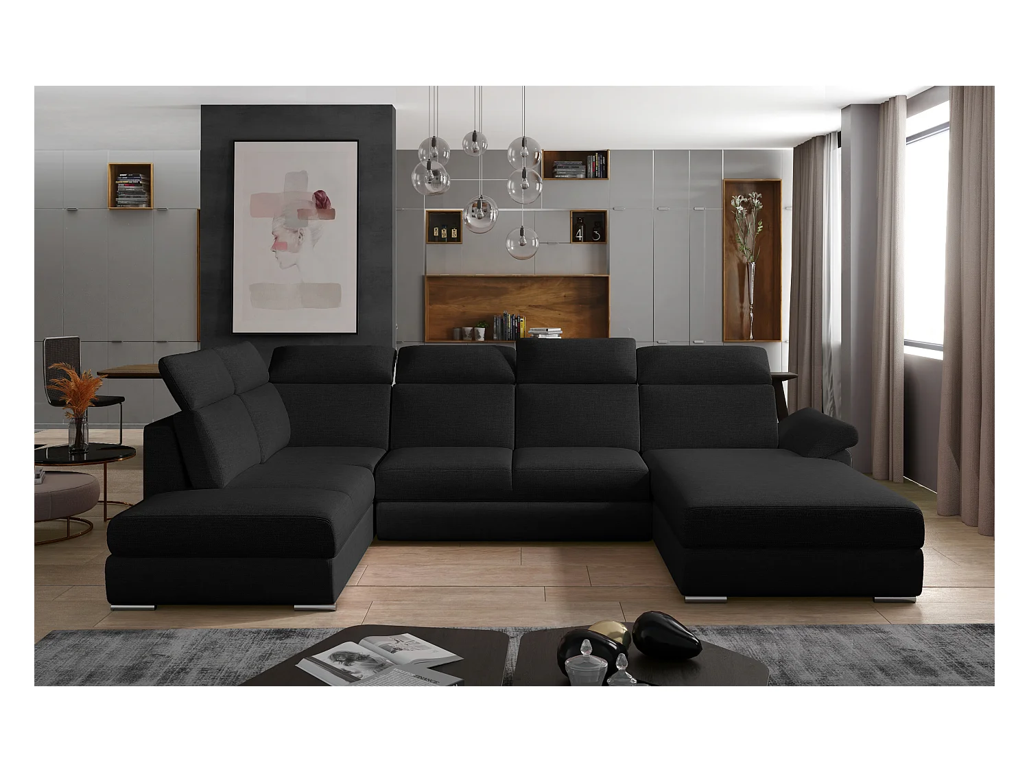 Canapé panoramique convertible LEVANO tissu - Rangement et appuie-têtes réglables-Noir-Coffre à droite