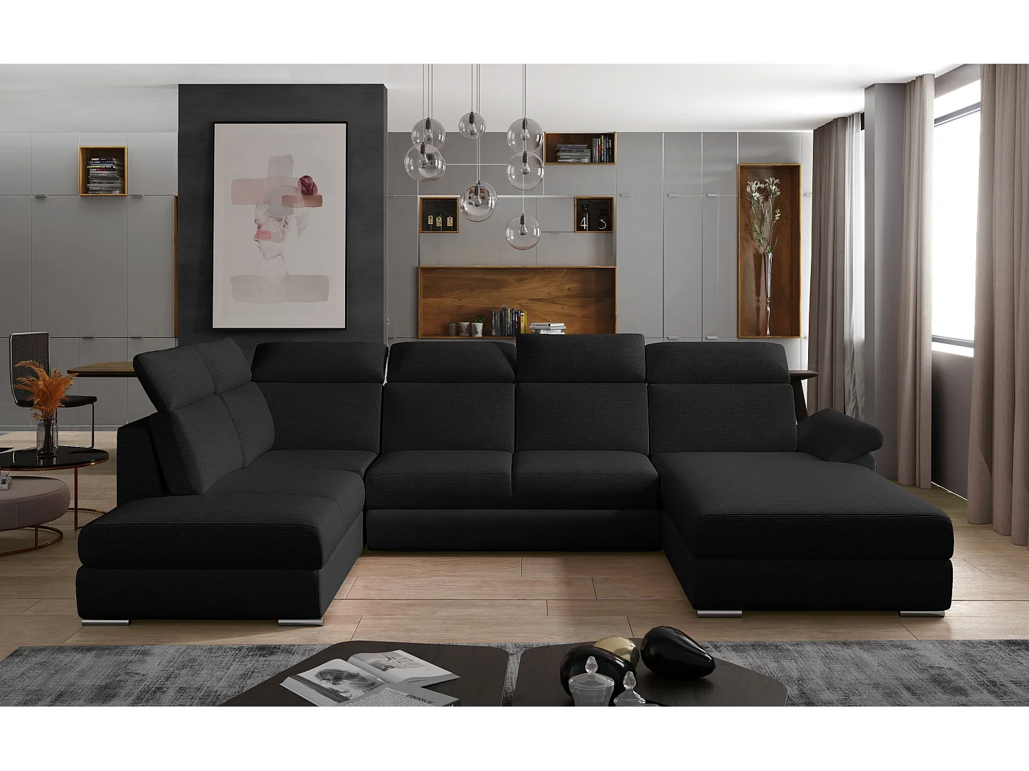 Canapé panoramique convertible LEVANO tissu - Rangement et appuie-têtes réglables-Noir-Coffre à droite