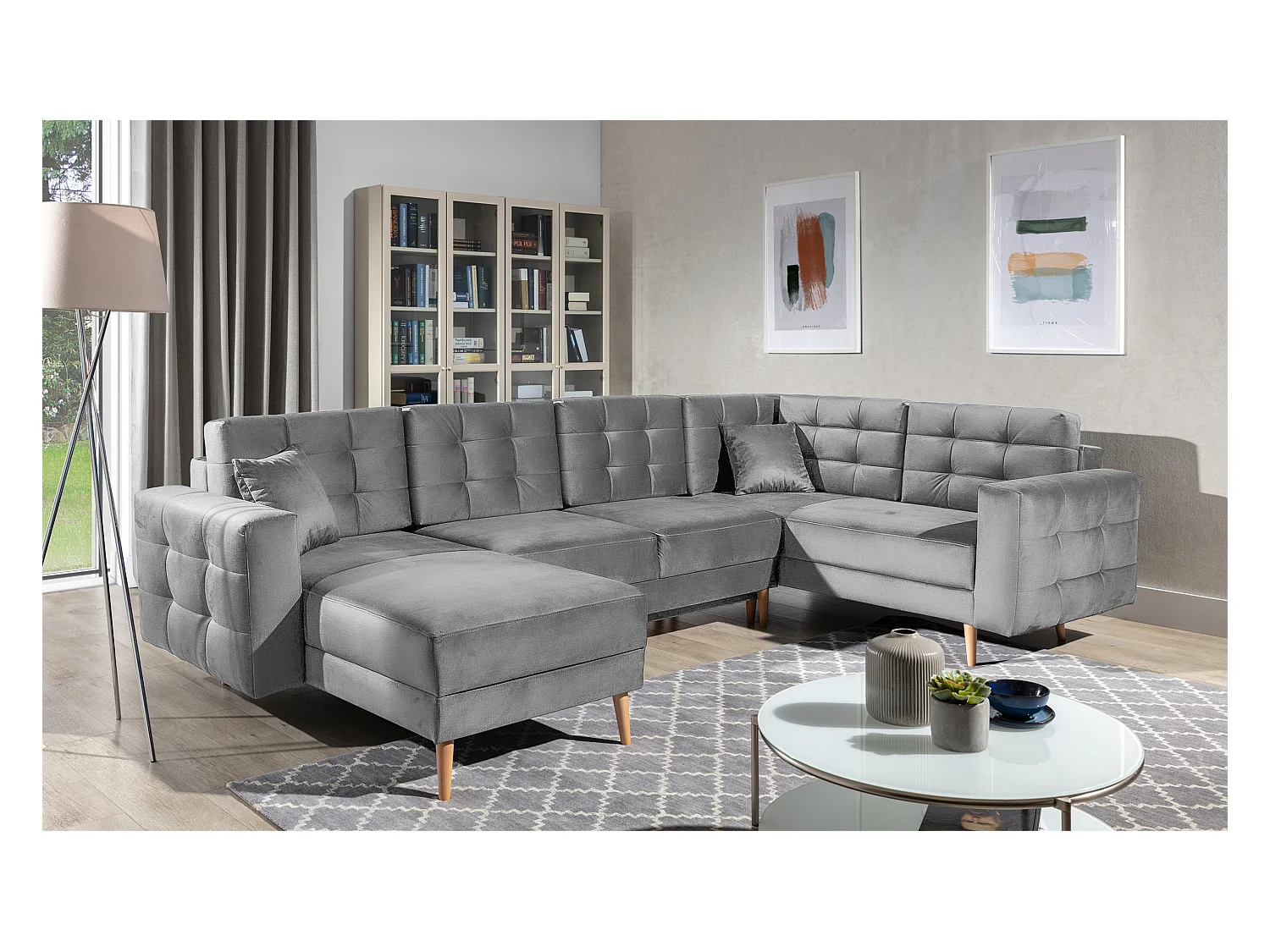 ANSKA converteerbare panoramische bank in fluweel - Poten van natuurlijk hout-Kleur Lichtgrijs