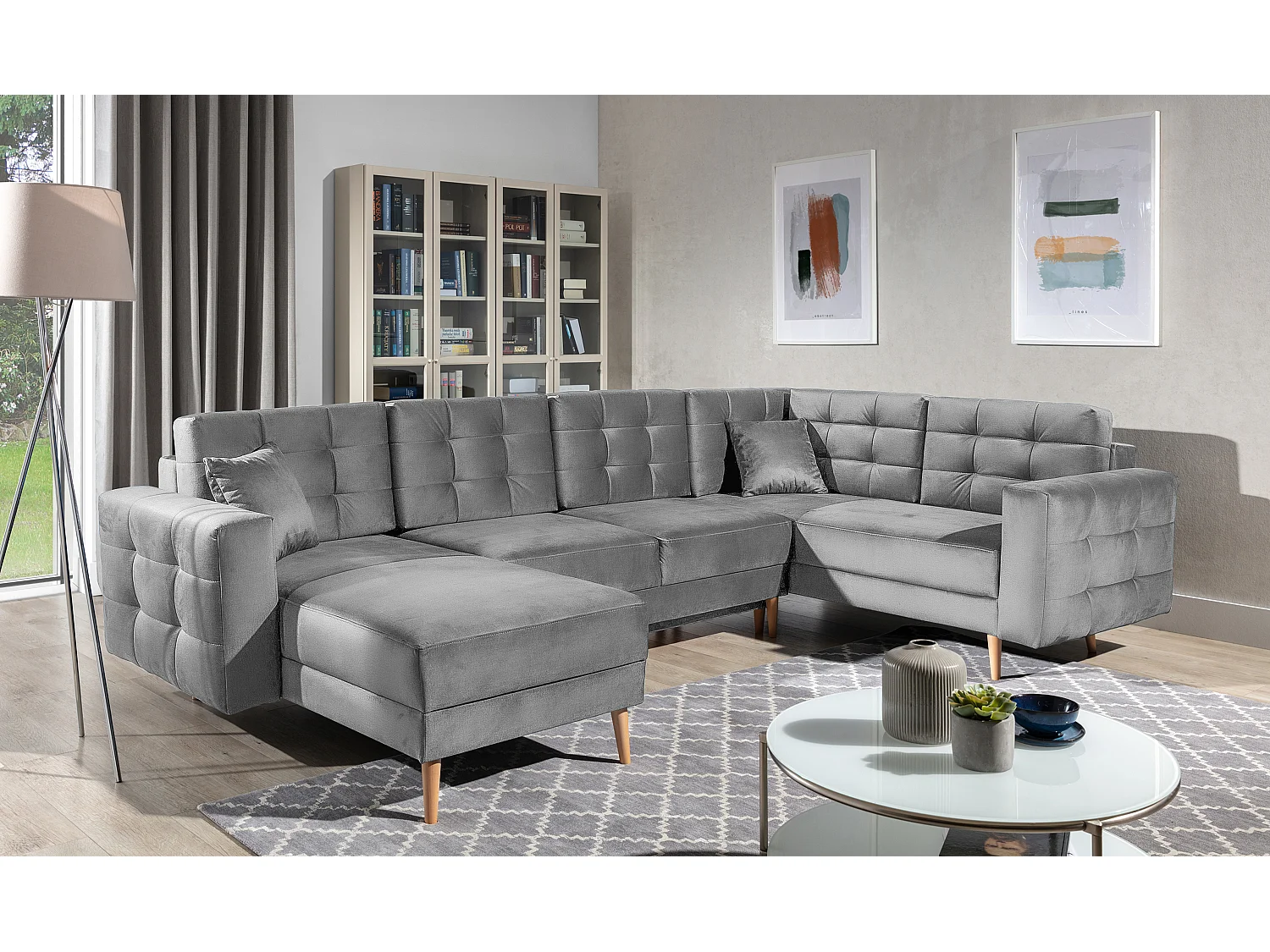 Canapé panoramique convertible ANSKA en velours - Pieds bois naturel-Gris clair