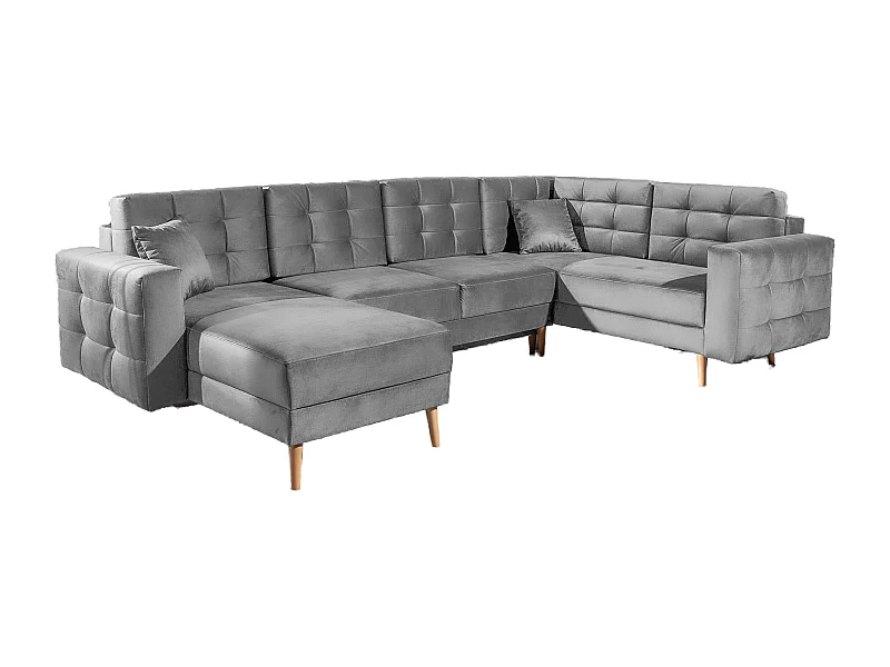 Canapé panoramique convertible ANSKA en velours - Pieds bois naturel-Gris clair