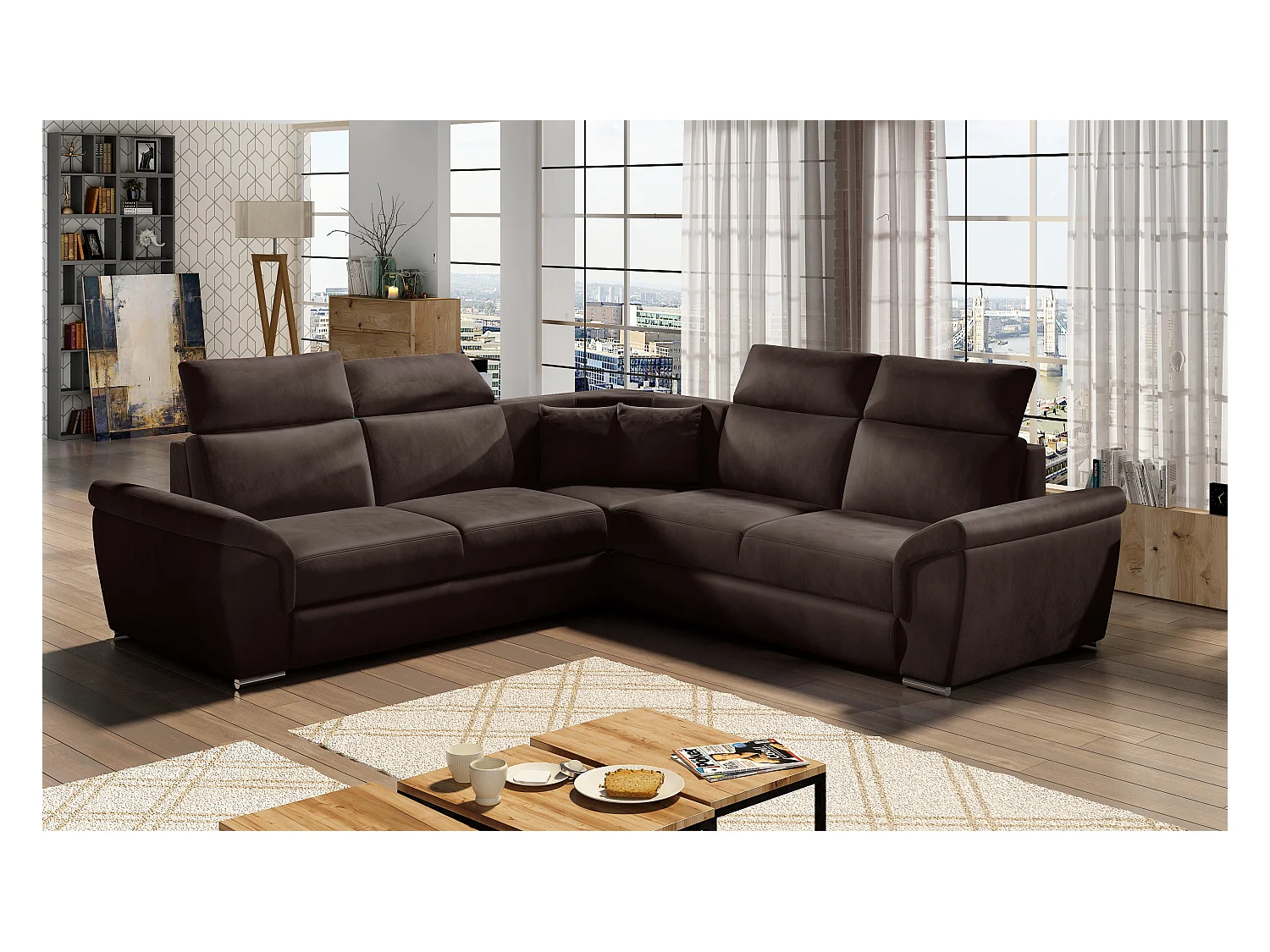 Canapé d'angle réversible et convertible velours Neo - Pieds acier chromé-Marron foncé