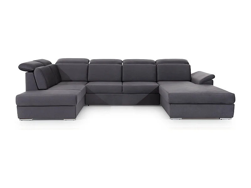 Canapé panoramique convertible LEVANO velours - Rangement et appuie-têtes réglables-Gris anthracite-Coffre à droite