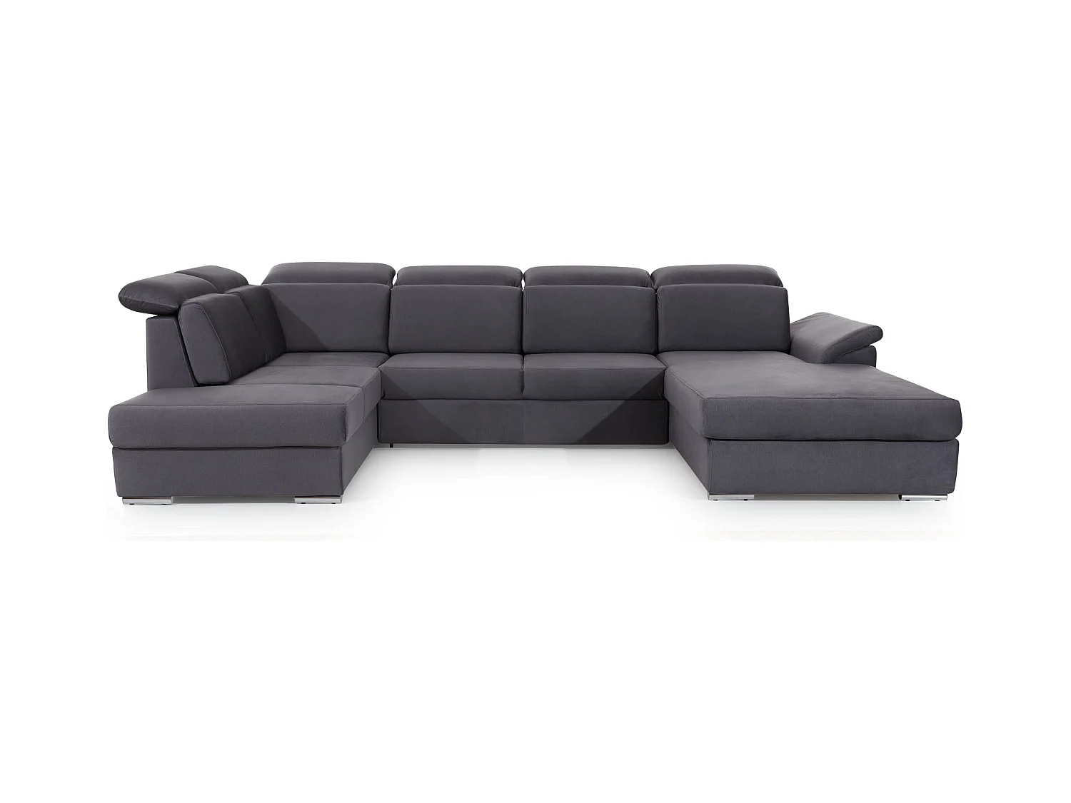 Canapé panoramique convertible LEVANO velours - Rangement et appuie-têtes réglables-Gris anthracite-Coffre à droite