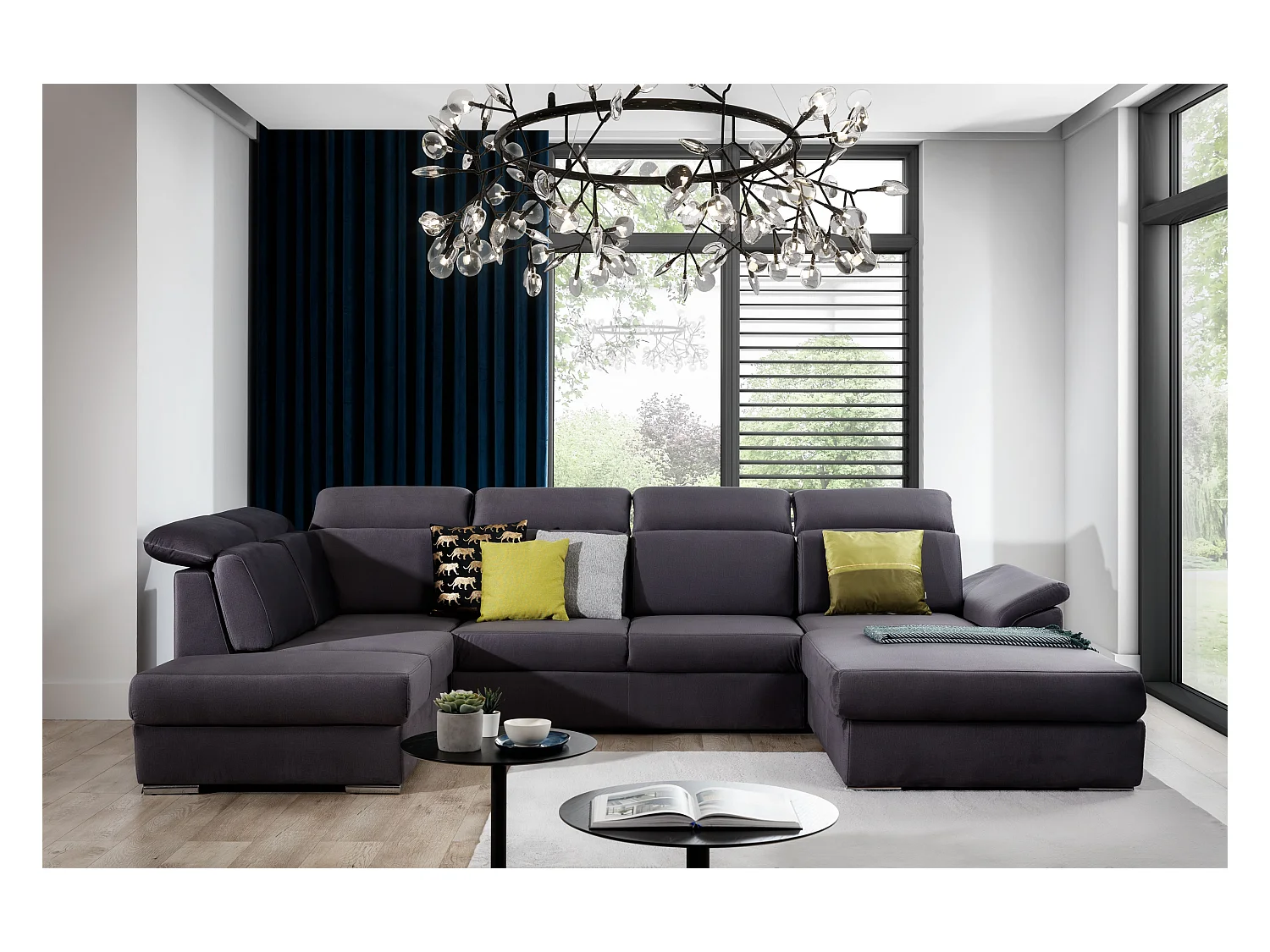 Canapé panoramique convertible LEVANO velours - Rangement et appuie-têtes réglables-Gris anthracite-Coffre à droite