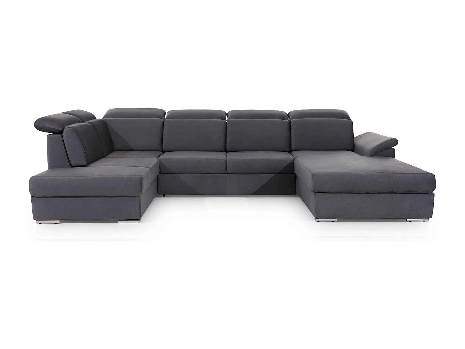 Canapé panoramique convertible LEVANO velours - Rangement et appuie-têtes réglables-Gris anthracite-Coffre à droite