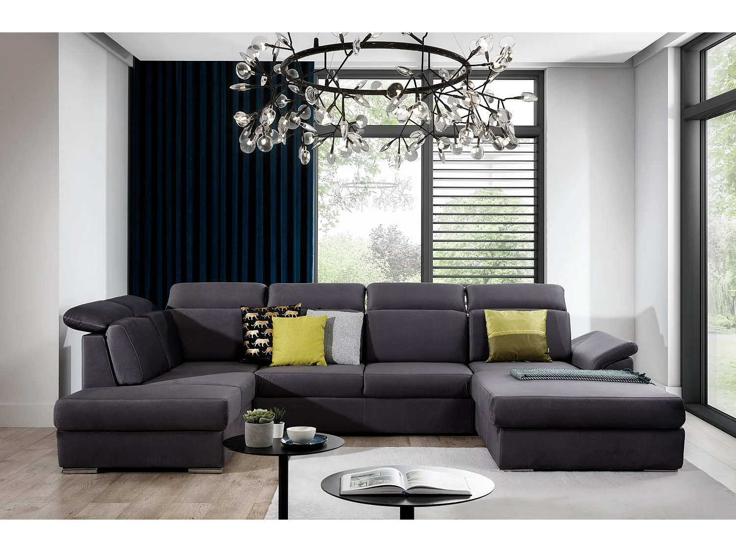 Canapé panoramique convertible LEVANO velours - Rangement et appuie-têtes réglables-Gris anthracite-Coffre à droite