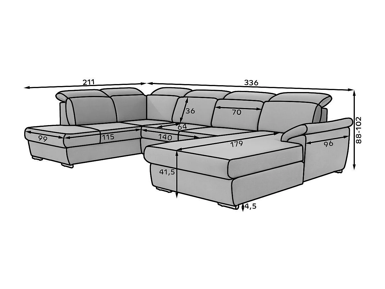 Canapé panoramique convertible LEVANO velours - Rangement et appuie-têtes réglables-Gris anthracite-Coffre à droite