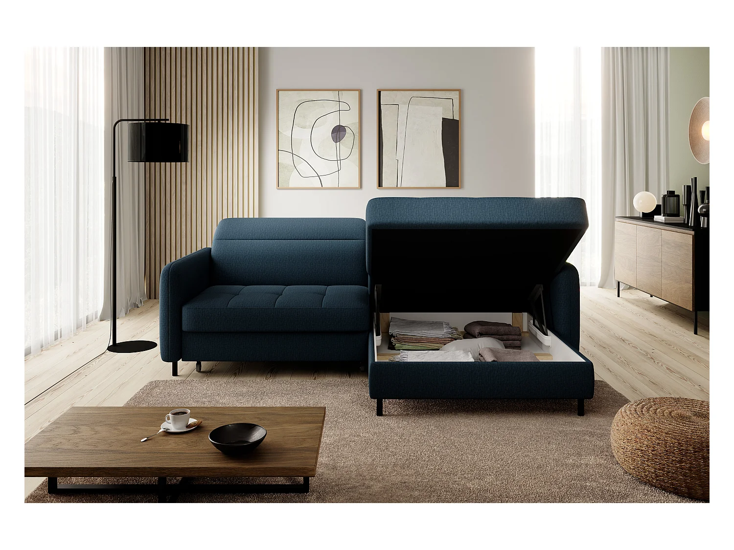 Petit canapé d’angle convertible tissu Kunder-Bleu pétrole-angle droit