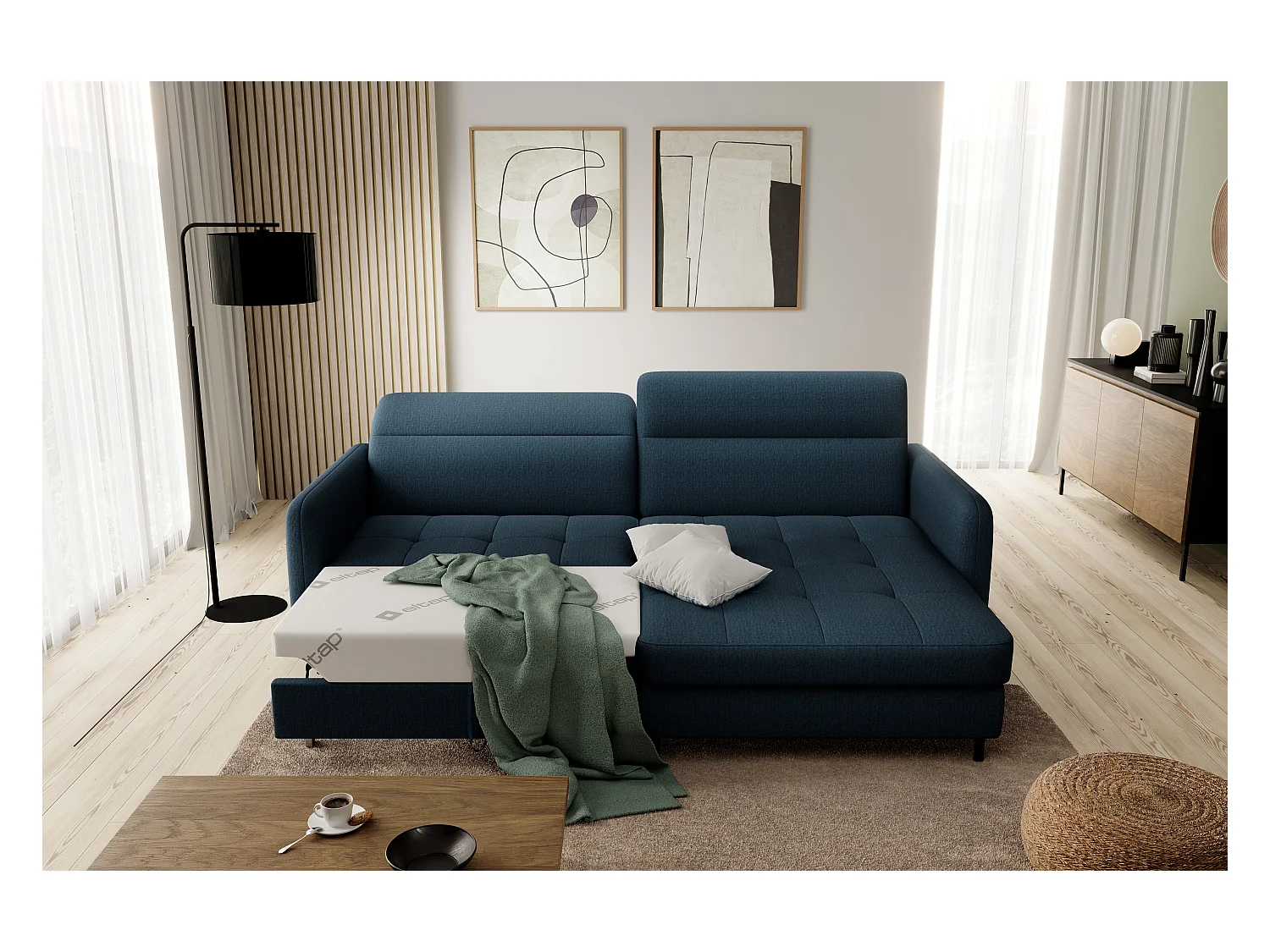 Petit canapé d’angle convertible tissu Kunder-Bleu pétrole-angle droit