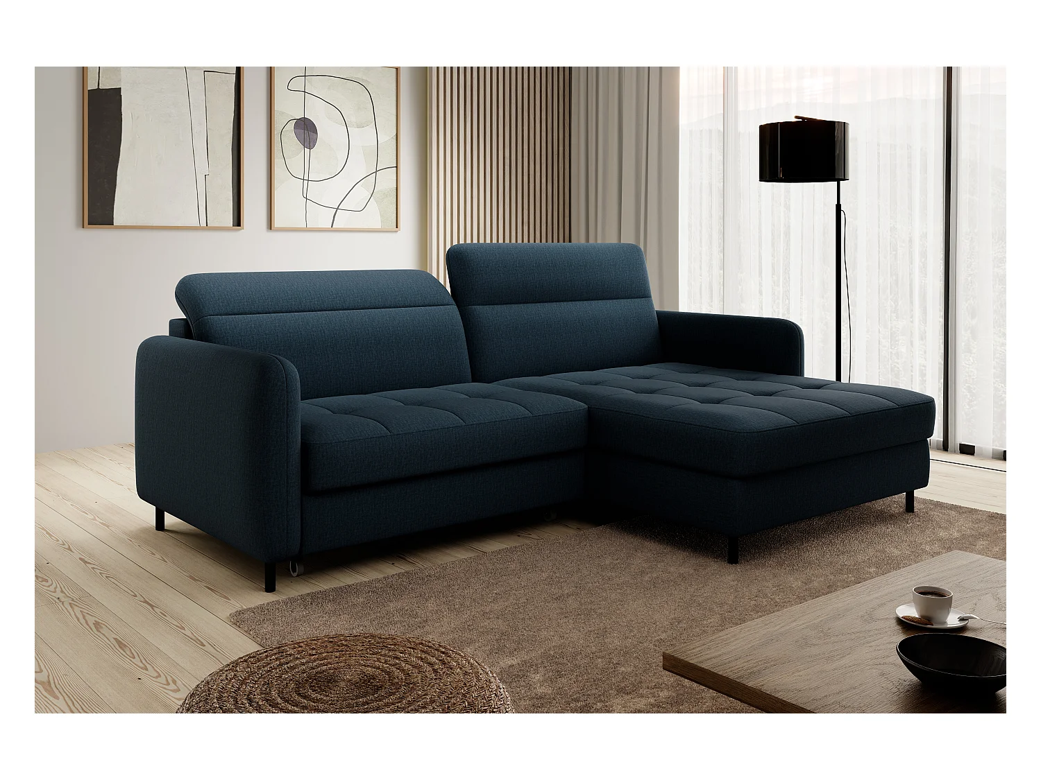 Petit canapé d’angle convertible tissu Kunder-Bleu pétrole-angle droit