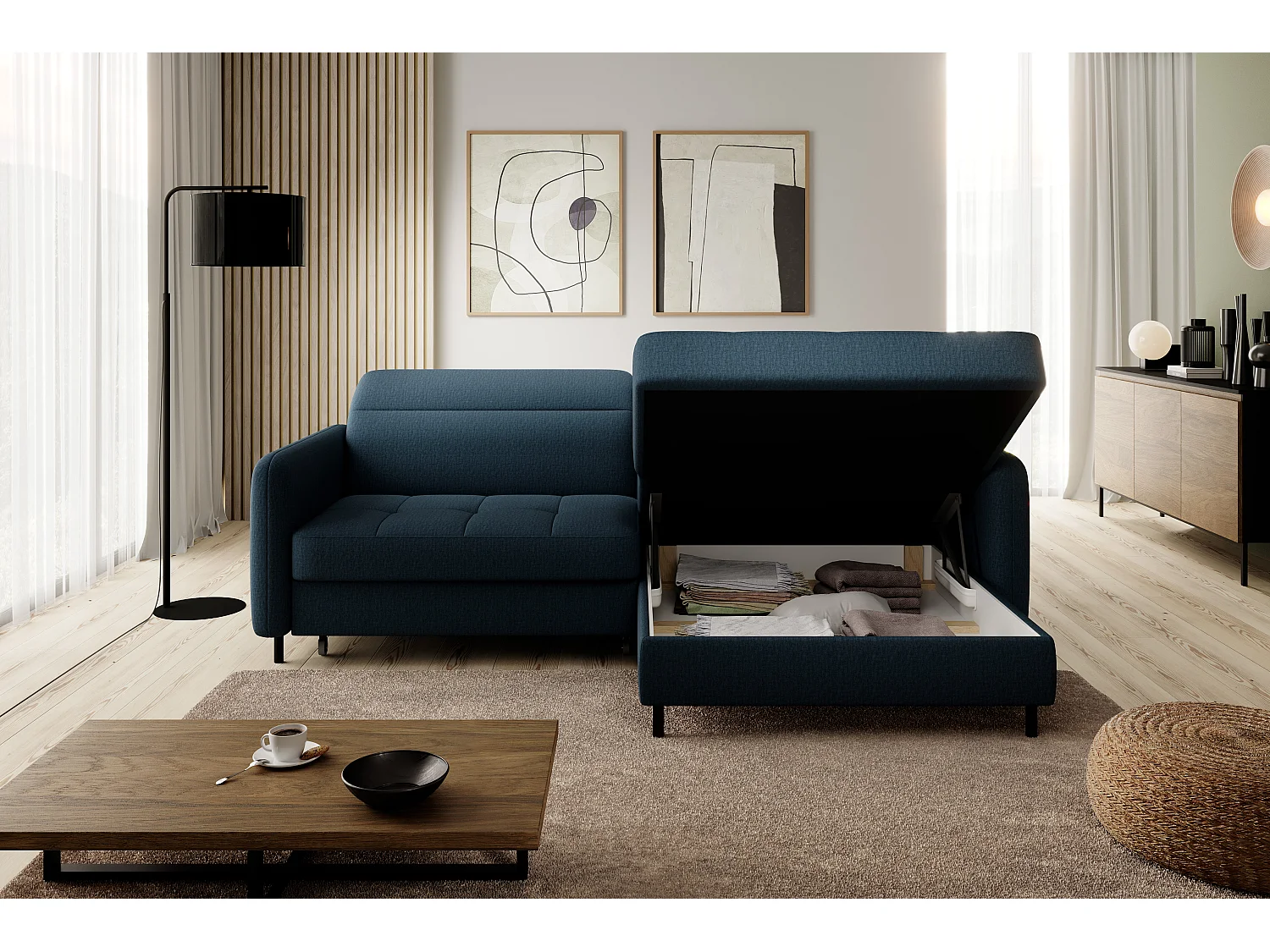 Petit canapé d’angle convertible tissu Kunder-Bleu pétrole-angle droit